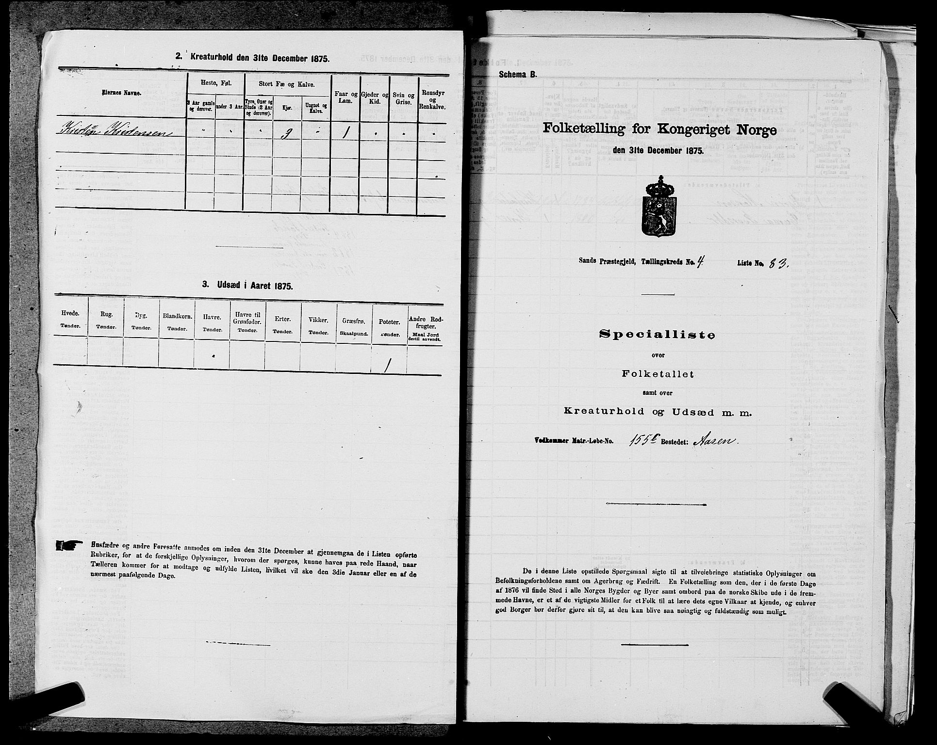 SAST, Folketelling 1875 for 1136P Sand prestegjeld, 1875, s. 1424