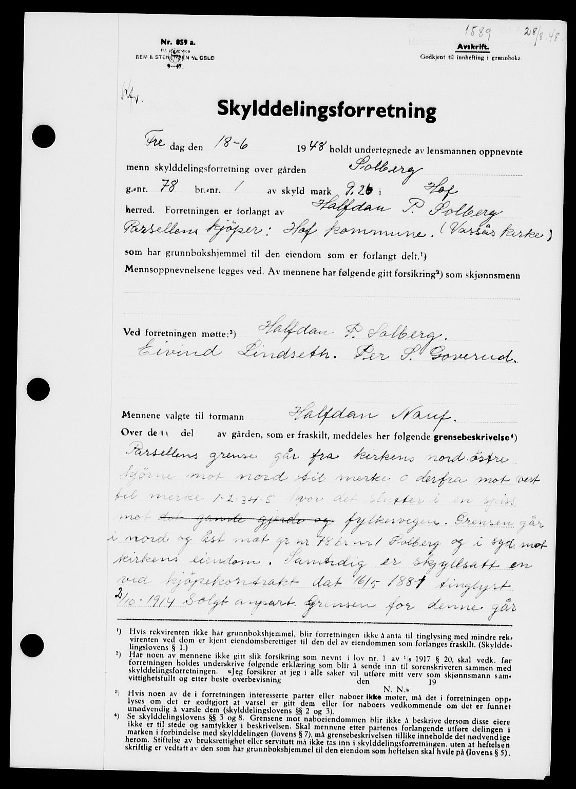 Holmestrand sorenskriveri, SAKO/A-67/G/Ga/Gaa/L0064: Pantebok nr. A-64, 1948-1948, Dagboknr: 1589/1948