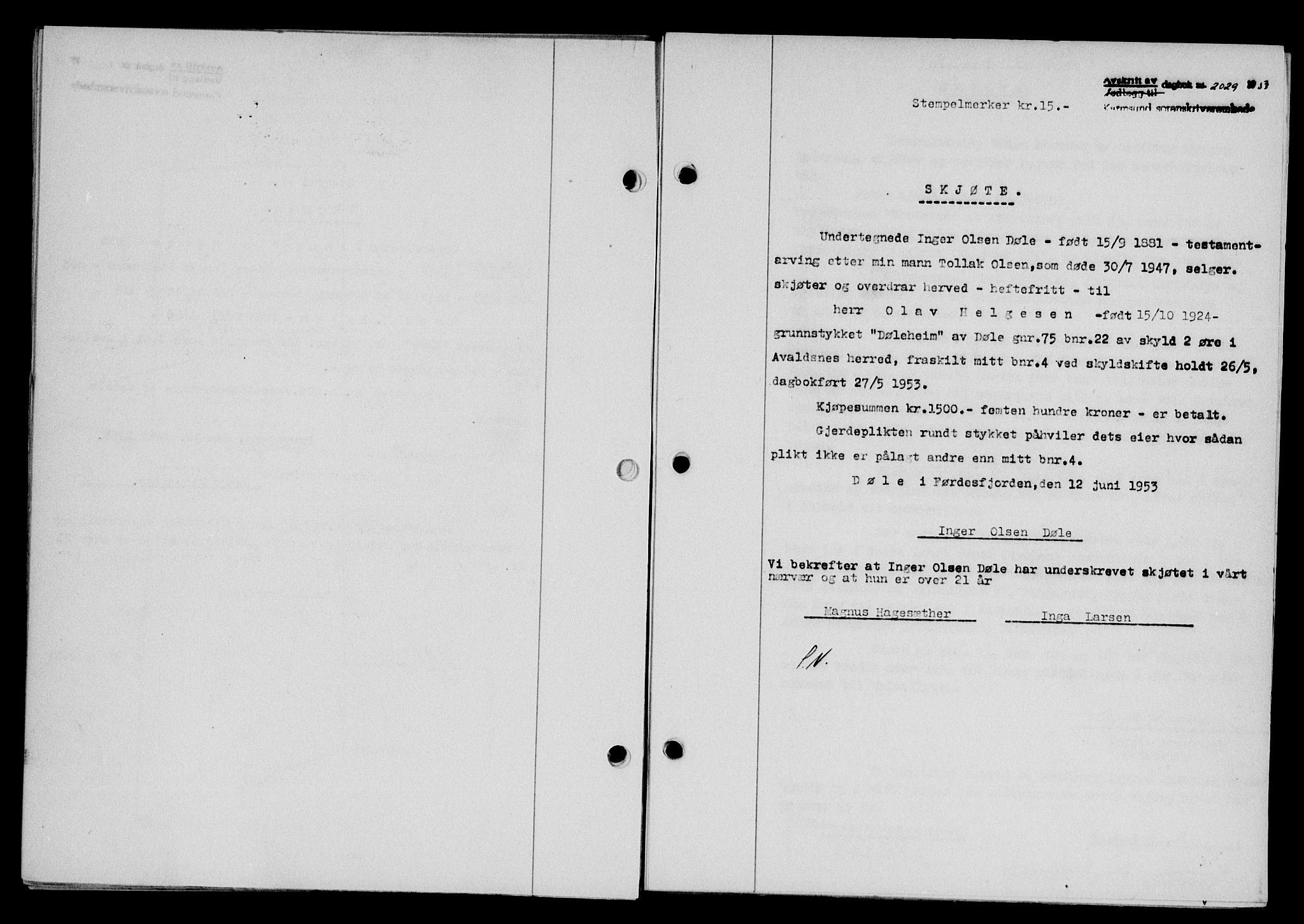 Karmsund sorenskriveri, SAST/A-100311/01/II/IIB/L0109: Pantebok nr. 89A, 1953-1953, Dagboknr: 2029/1953