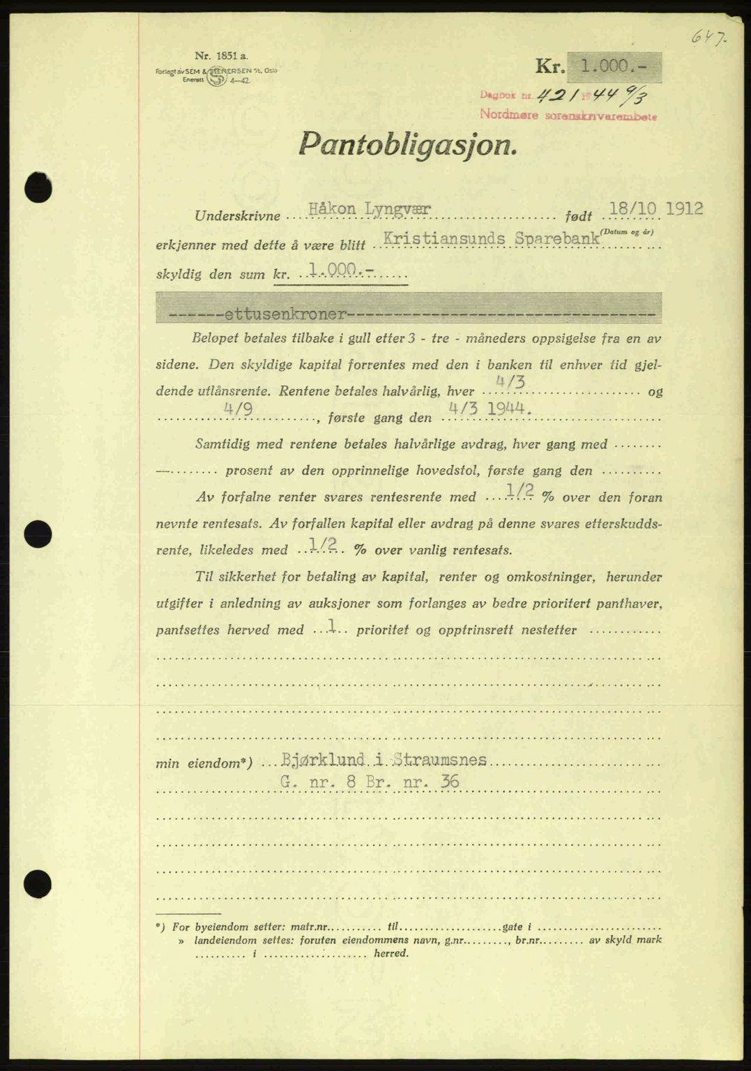 Nordmøre sorenskriveri, AV/SAT-A-4132/1/2/2Ca: Pantebok nr. B91, 1943-1944, Dagboknr: 421/1944