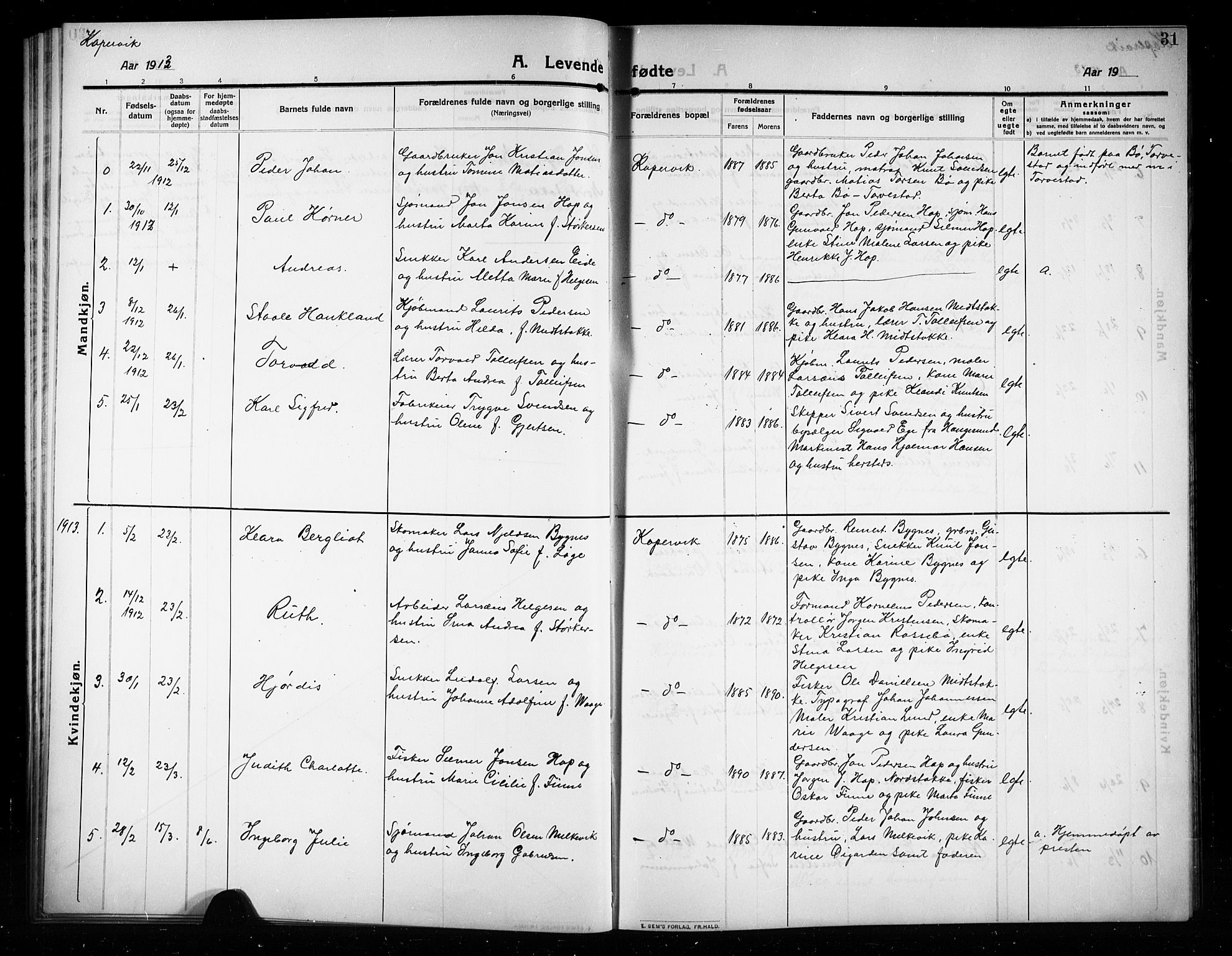 Kopervik sokneprestkontor, AV/SAST-A-101850/H/Ha/Hab/L0005: Klokkerbok nr. B 5, 1909-1918, s. 31