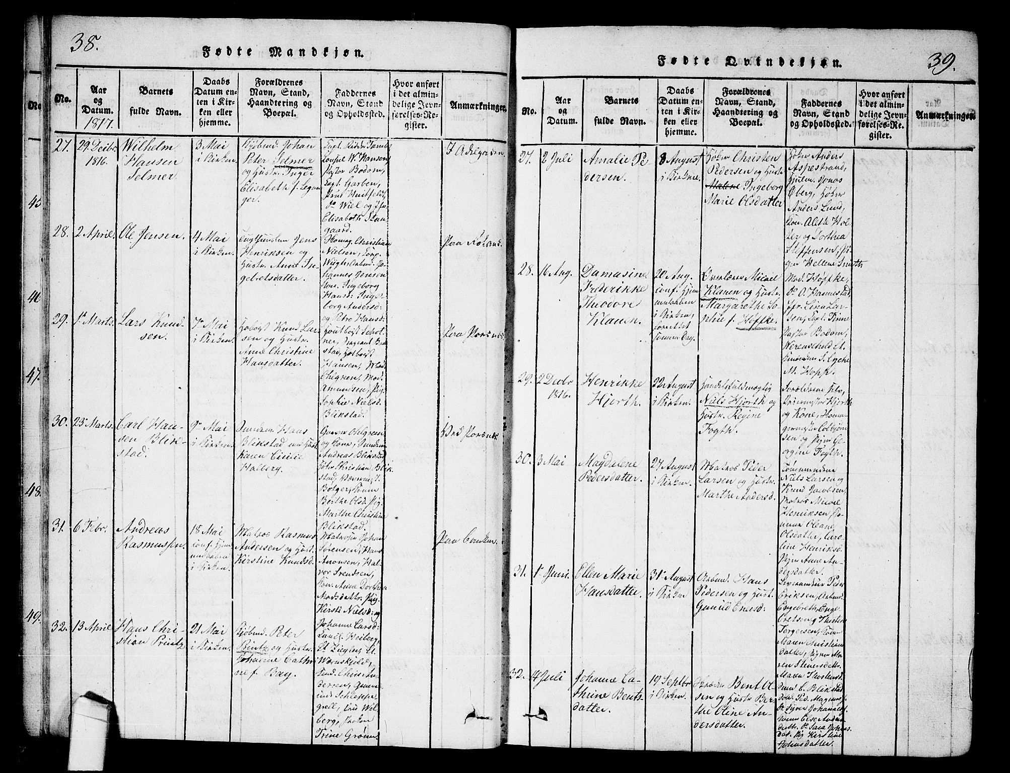 Halden prestekontor Kirkebøker, SAO/A-10909/G/Ga/L0001: Klokkerbok nr. 1, 1815-1833, s. 38-39