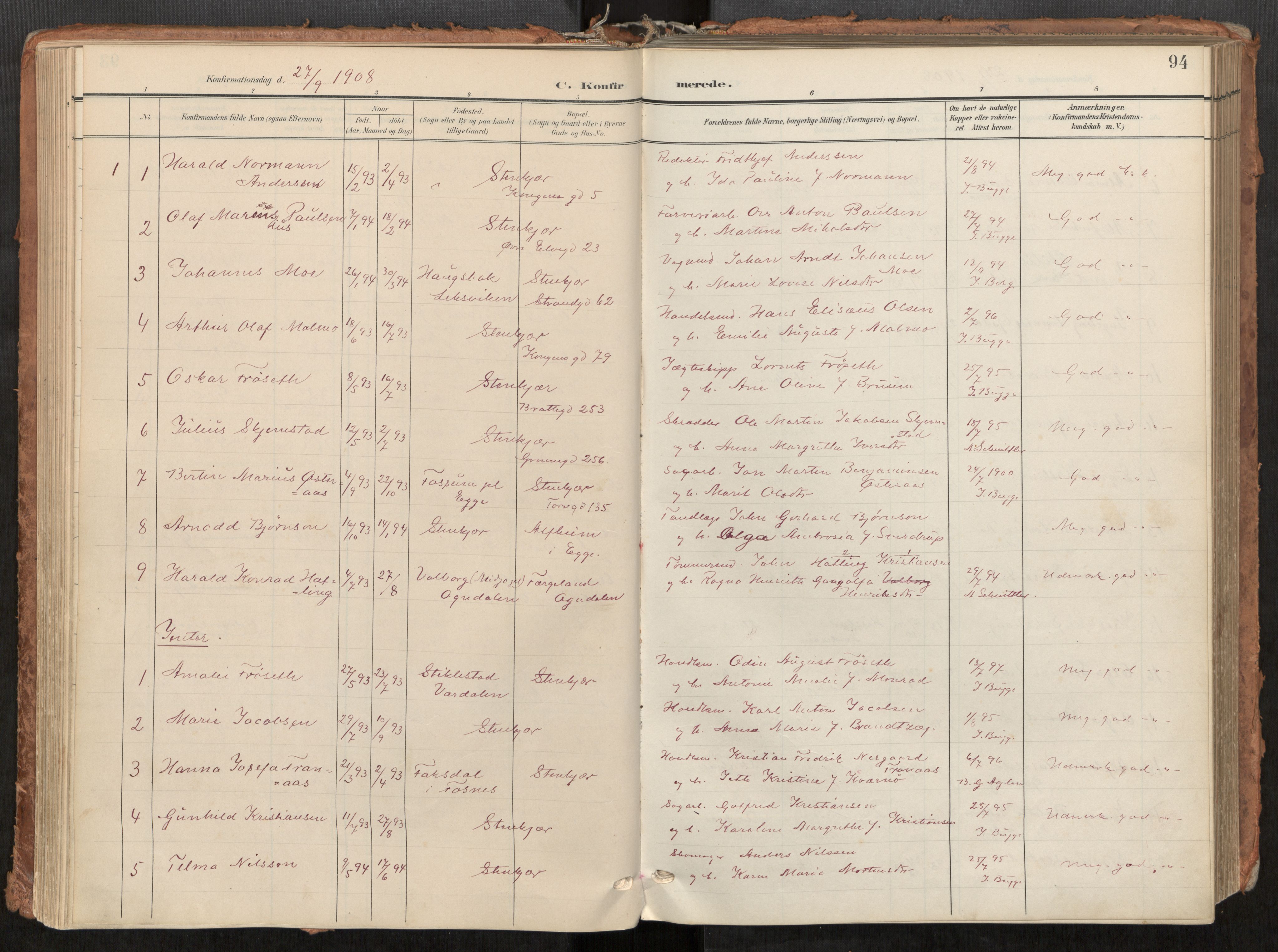 Steinkjer sokneprestkontor, AV/SAT-A-1541/01/H/Ha/Haa/L0001: Ministerialbok nr. 1, 1904-1912, s. 94