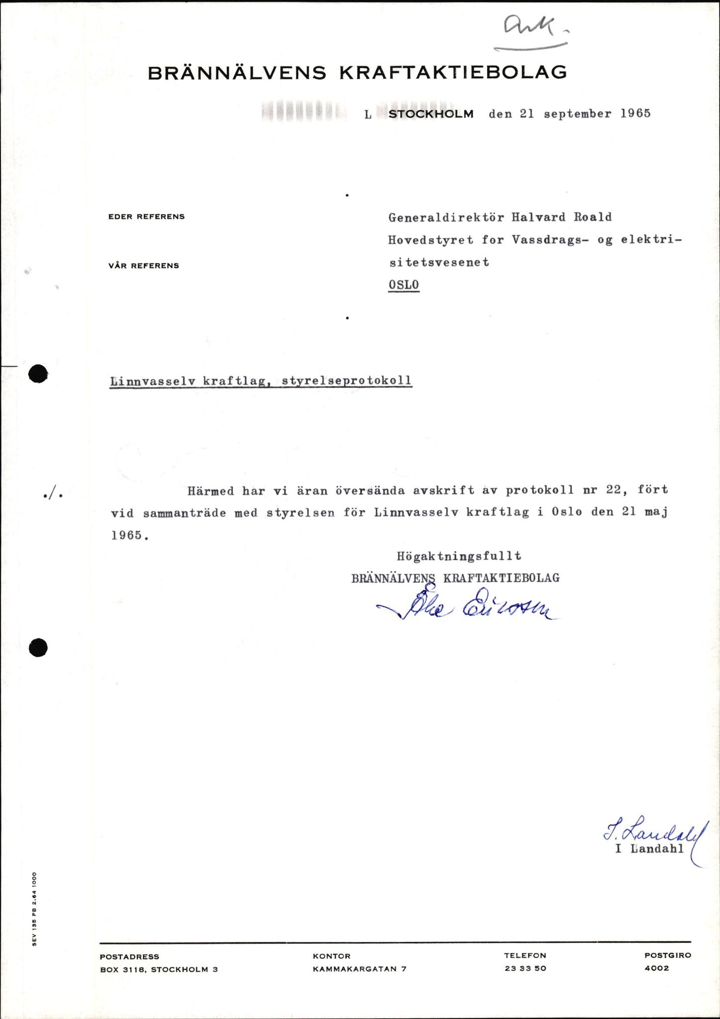 Norges vassdrags- og energidirektorat, Hovedstyre, RA/S-6226/F/Fa/L0026/0001: Linnvasselv Kraftlag m.fl. / Linnvasselv Kraftlag. Styresaker, 1962-1965