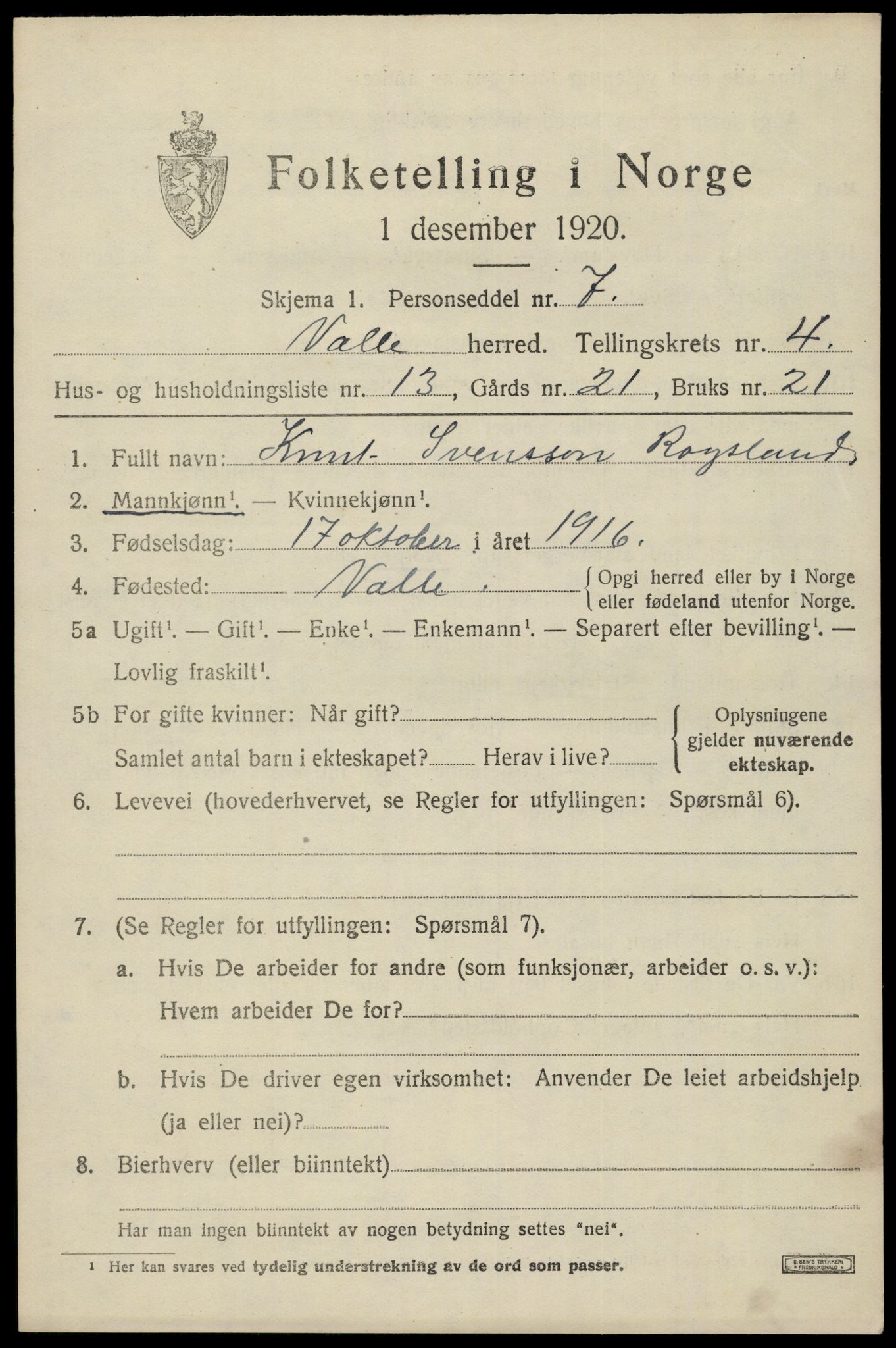 SAK, Folketelling 1920 for 0940 Valle herred, 1920, s. 2137
