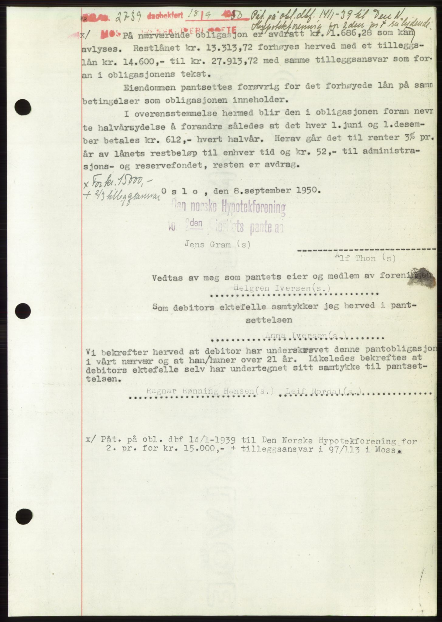 Moss sorenskriveri, SAO/A-10168: Pantebok nr. B25, 1950-1950, Dagboknr: 2739/1950