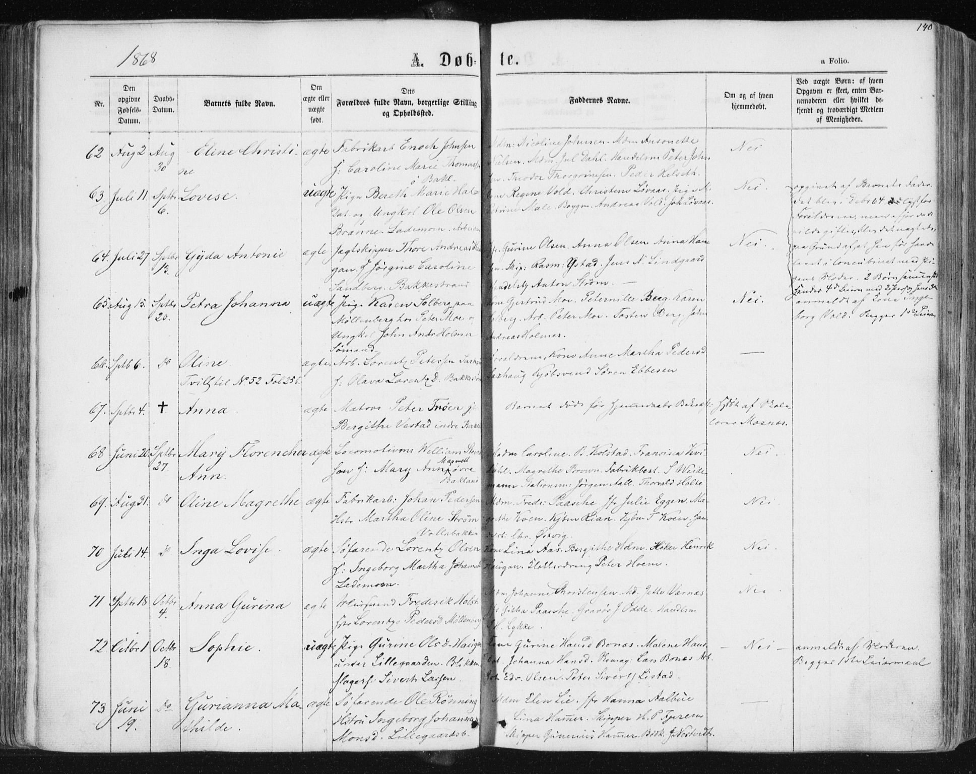 Ministerialprotokoller, klokkerbøker og fødselsregistre - Sør-Trøndelag, SAT/A-1456/604/L0186: Ministerialbok nr. 604A07, 1866-1877, s. 140