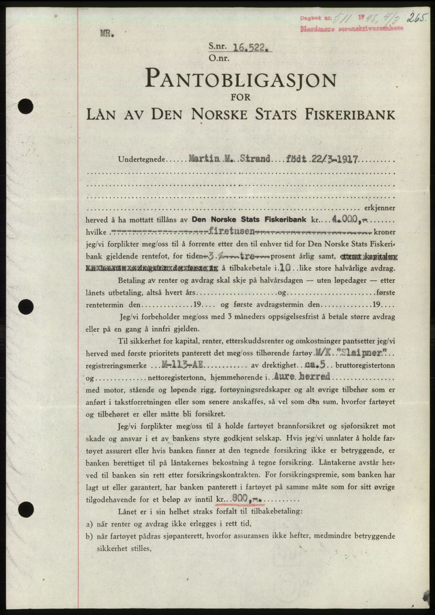 Nordmøre sorenskriveri, SAT/A-4132/1/2/2Ca: Pantebok nr. B98, 1948-1948, Dagboknr: 511/1948