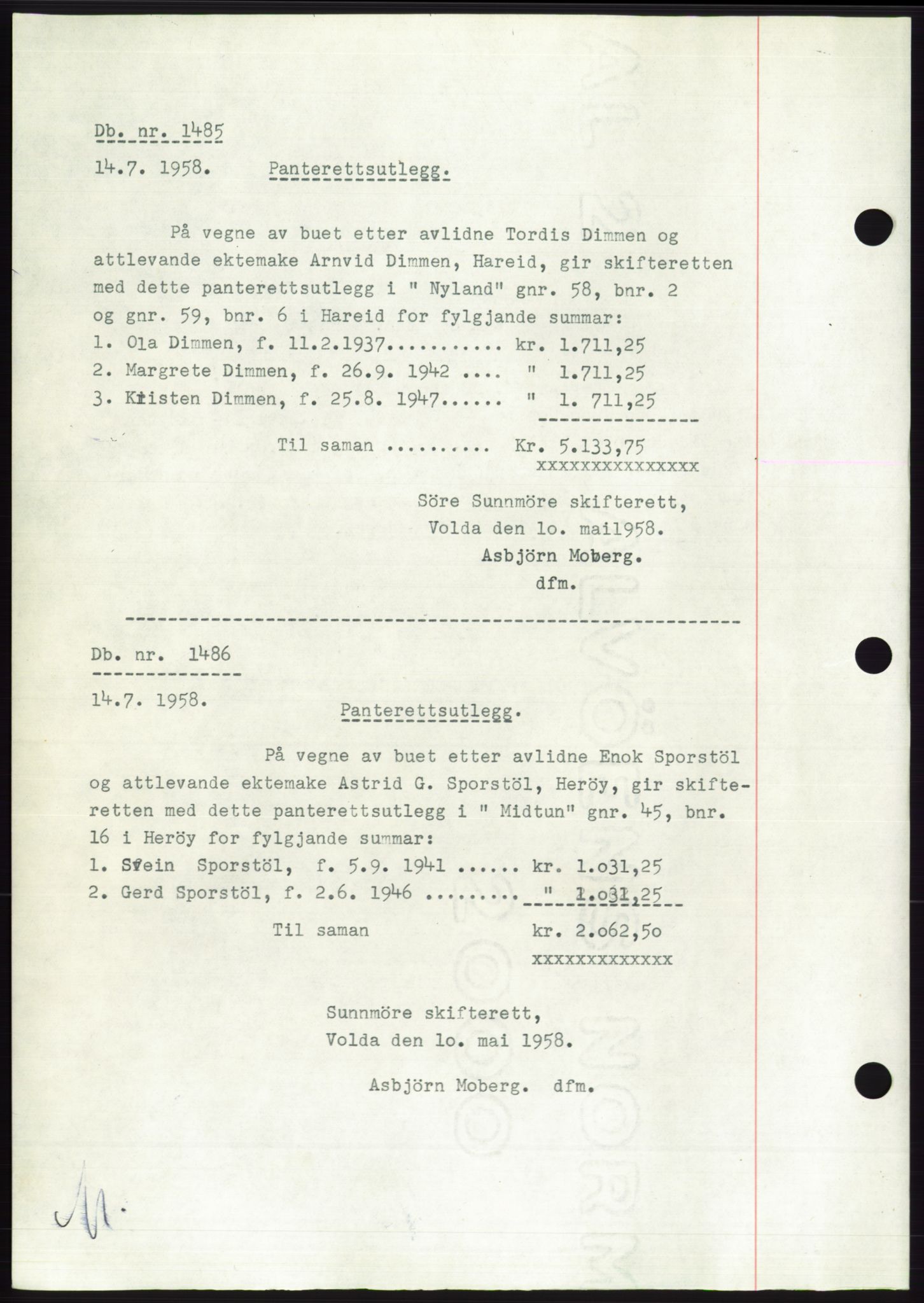 Søre Sunnmøre sorenskriveri, AV/SAT-A-4122/1/2/2C/L0110: Pantebok nr. 36A, 1958-1958, Dagboknr: 1485/1958