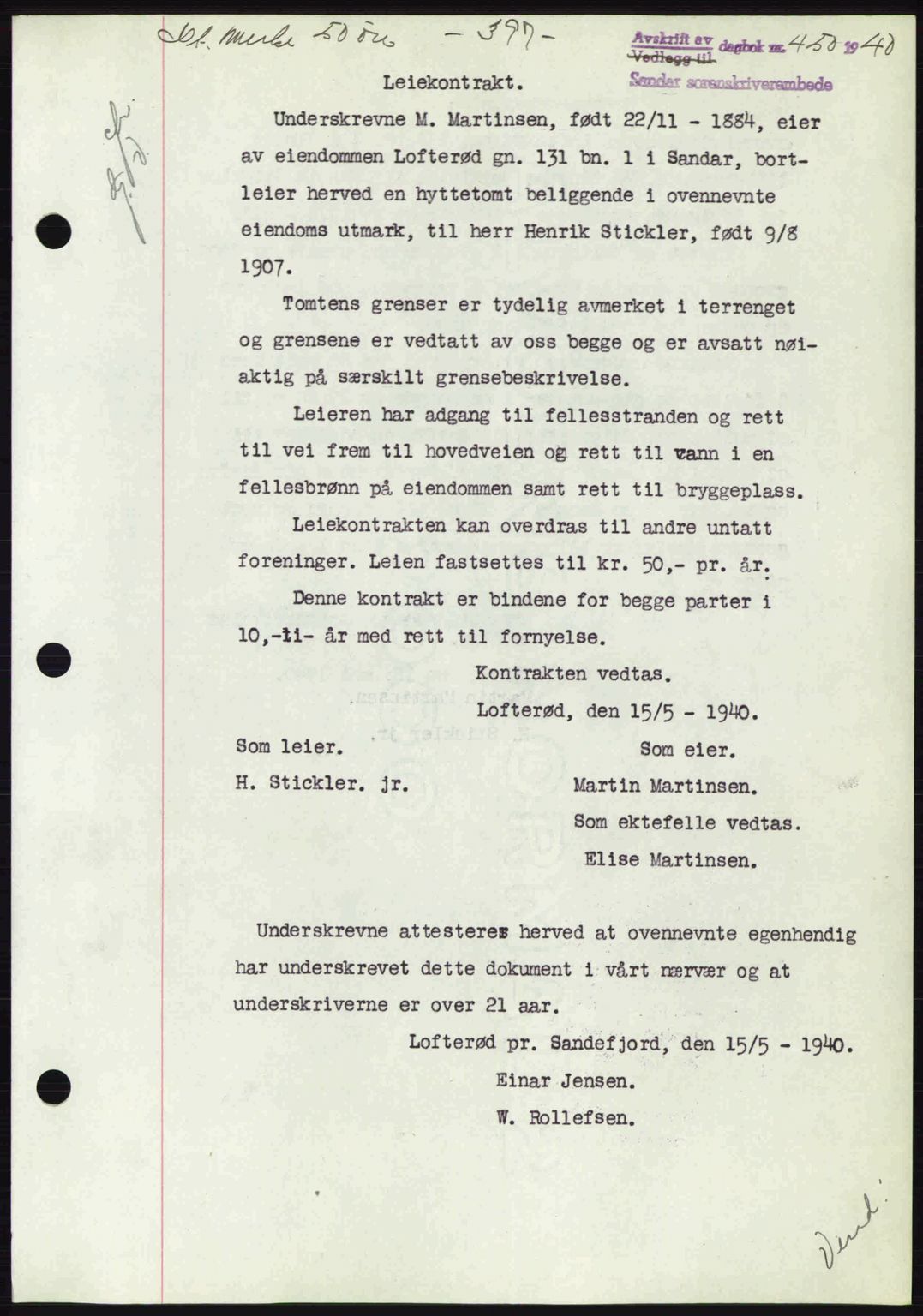 Sandar sorenskriveri, SAKO/A-86/G/Ga/Gab/L0001: Pantebok nr. B-1 og B-3 - B-9, 1936-1944, Dagboknr: 450/1940