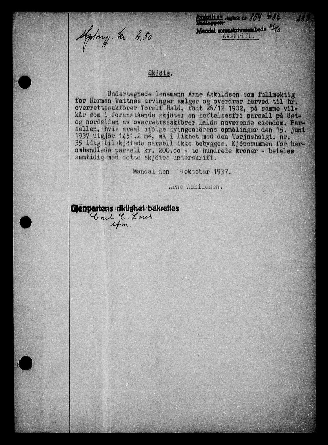 Mandal sorenskriveri, SAK/1221-0005/001/G/Gb/Gba/L0071: Pantebok nr. A-8, 1937-1939, Dagboknr: 854/1937
