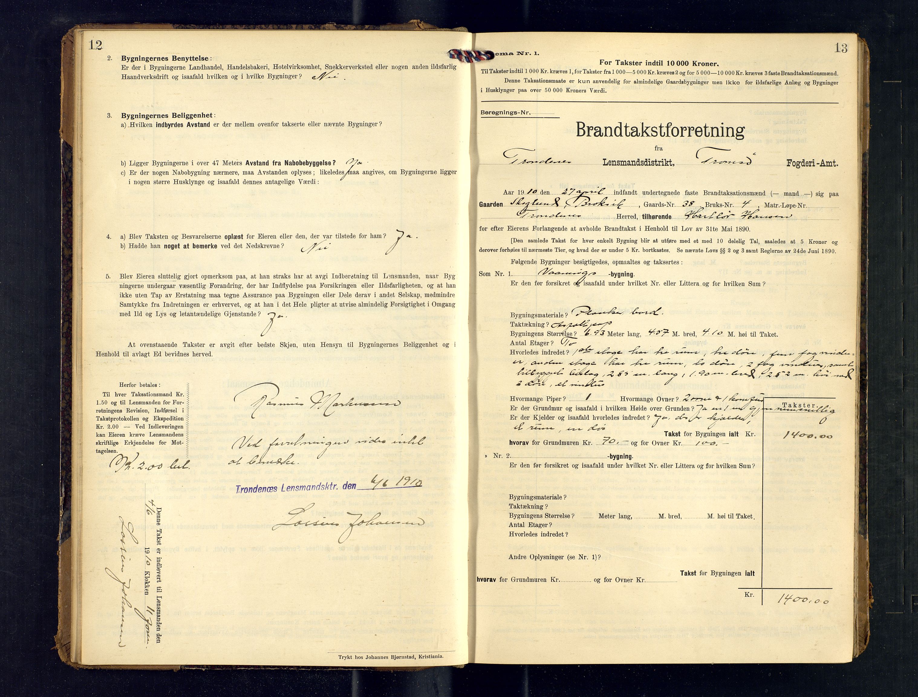 Harstad lensmannskontor, AV/SATØ-SATØ-10/F/Fr/Fra/L0603: Branntakstprotokoll (S). Merket R, 1909-1914, s. 12-13