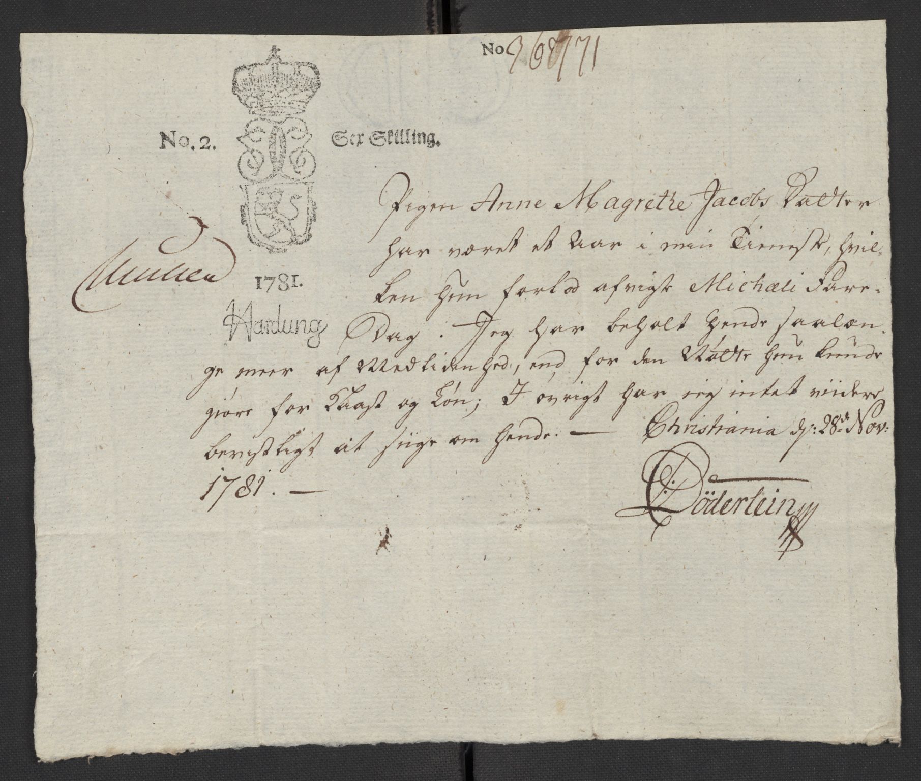Oslo politidistrikt, AV/SAO-A-10085/D/Da/L0003: Innkomne brev, pro memoria m.v., 1781, s. 104