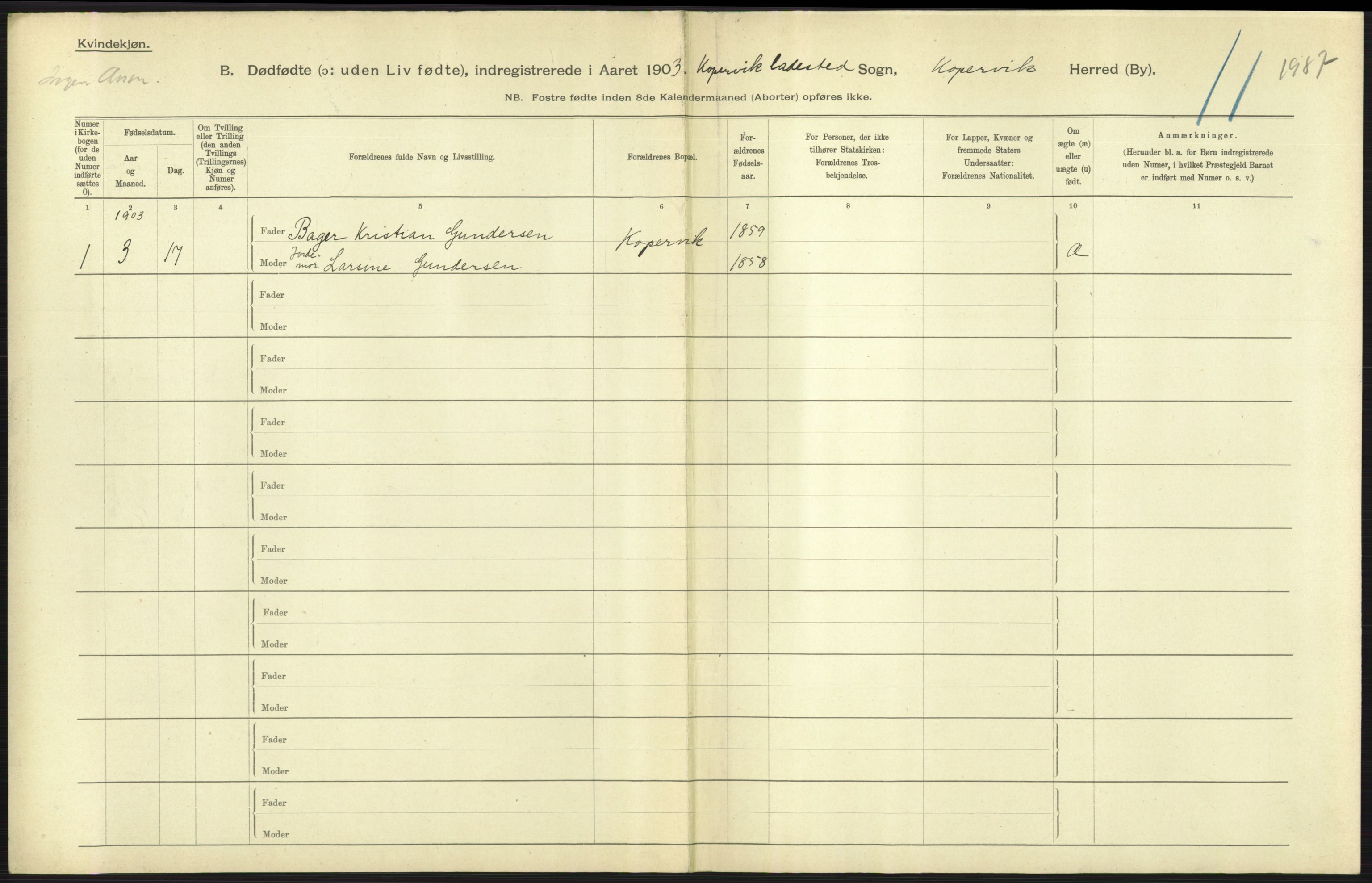 Statistisk sentralbyrå, Sosiodemografiske emner, Befolkning, RA/S-2228/D/Df/Dfa/Dfaa/L0026: Smålenenes - Finnmarkens amt: Dødfødte. Byer., 1903, s. 161