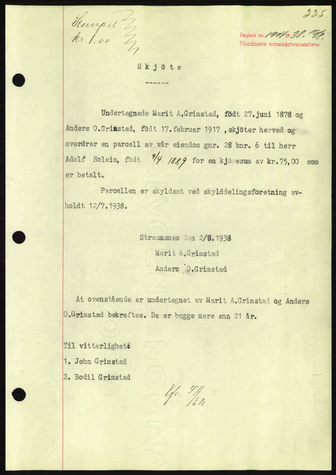 Nordmøre sorenskriveri, SAT/A-4132/1/2/2Ca: Pantebok nr. A84, 1938-1938, Dagboknr: 1904/1938