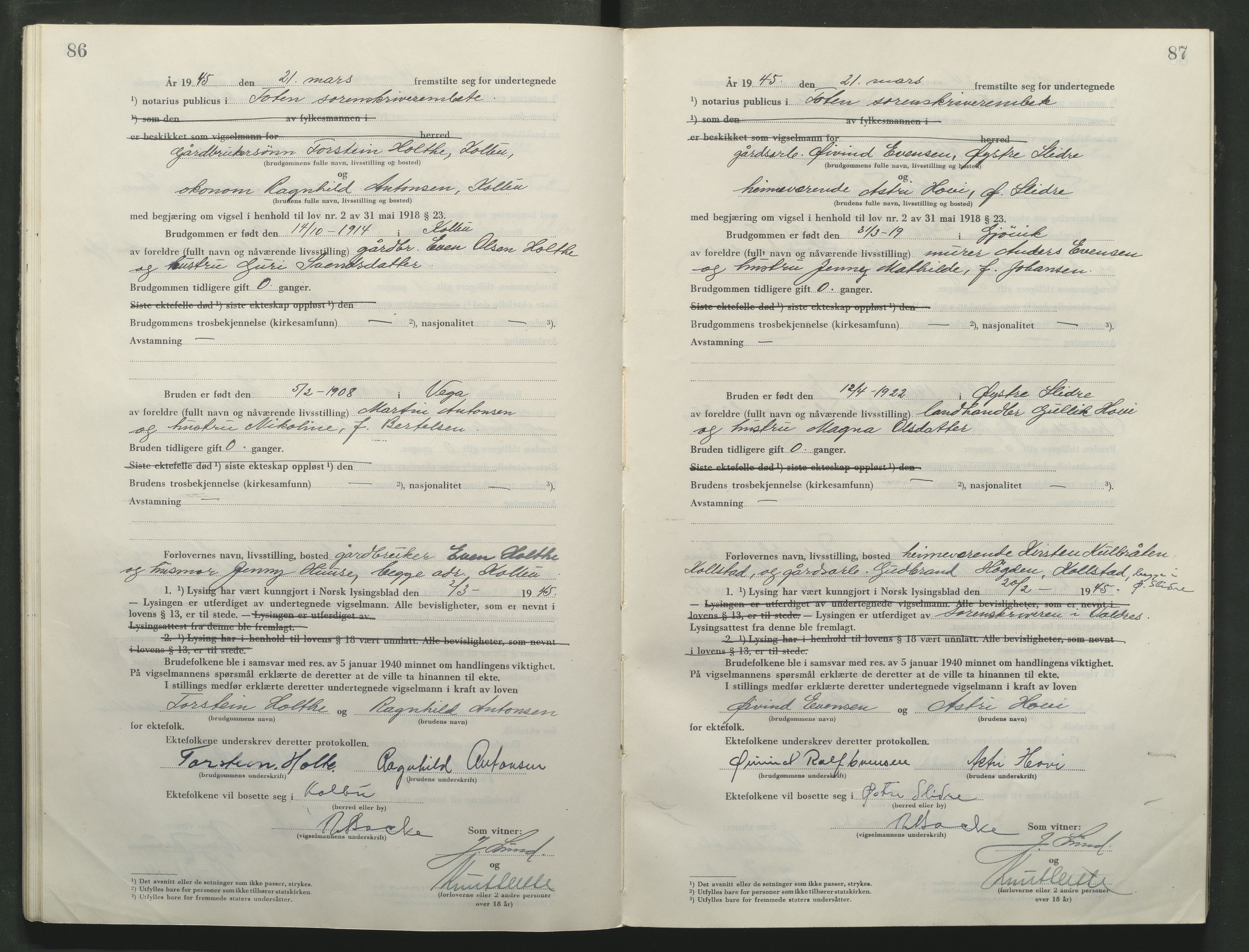 Toten tingrett, AV/SAH-TING-006/L/Lc/L0005: Vigselbok, 1944-1948, s. 86-87
