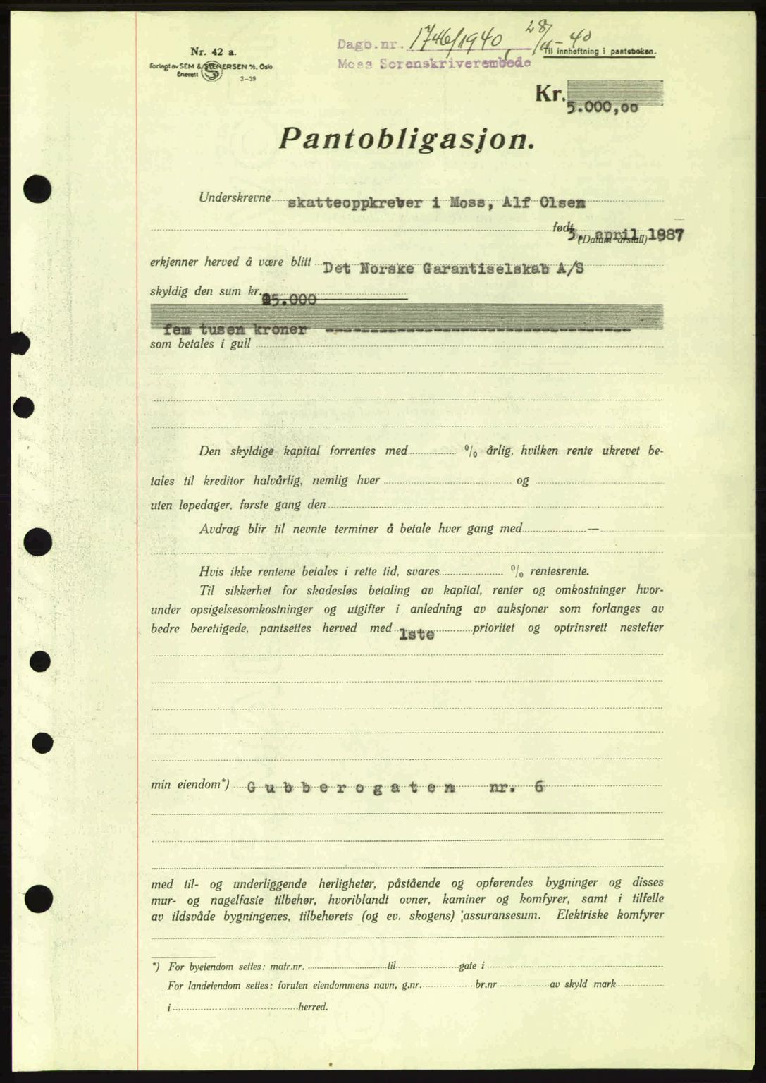 Moss sorenskriveri, SAO/A-10168: Pantebok nr. B10, 1940-1941, Dagboknr: 1746/1940