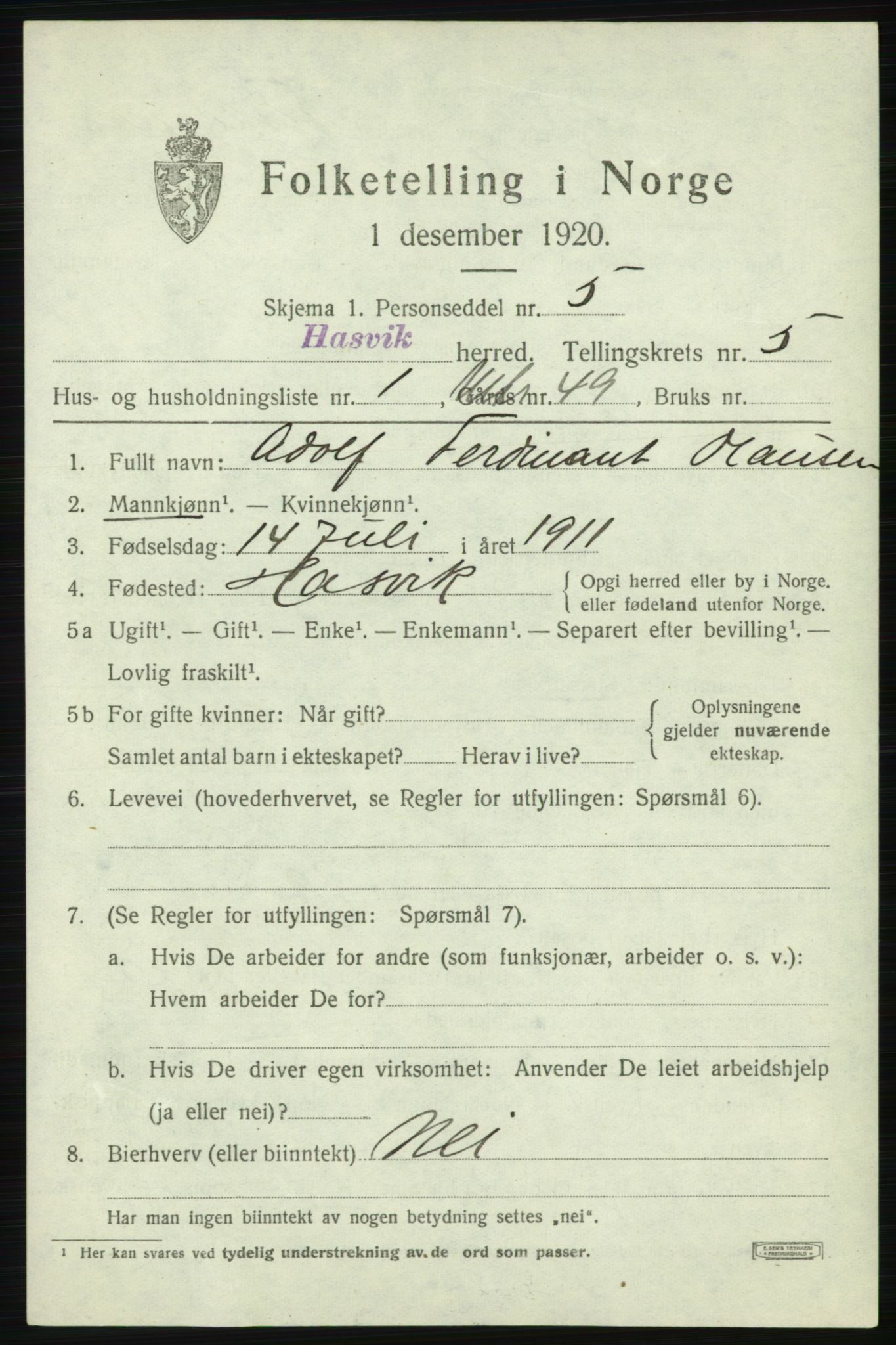 SATØ, Folketelling 1920 for 2015 Hasvik herred, 1920, s. 2315