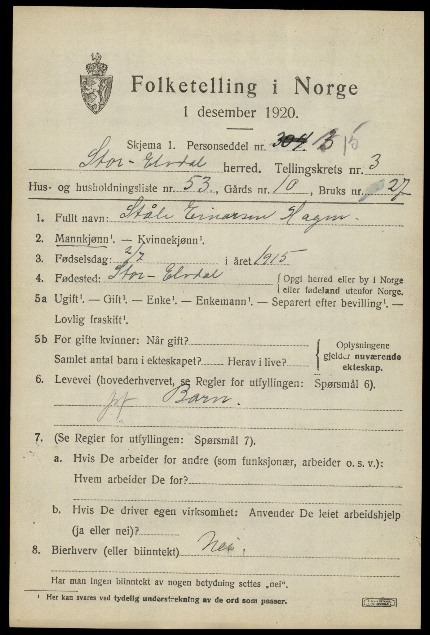 SAH, Folketelling 1920 for 0430 Stor-Elvdal herred, 1920, s. 3390