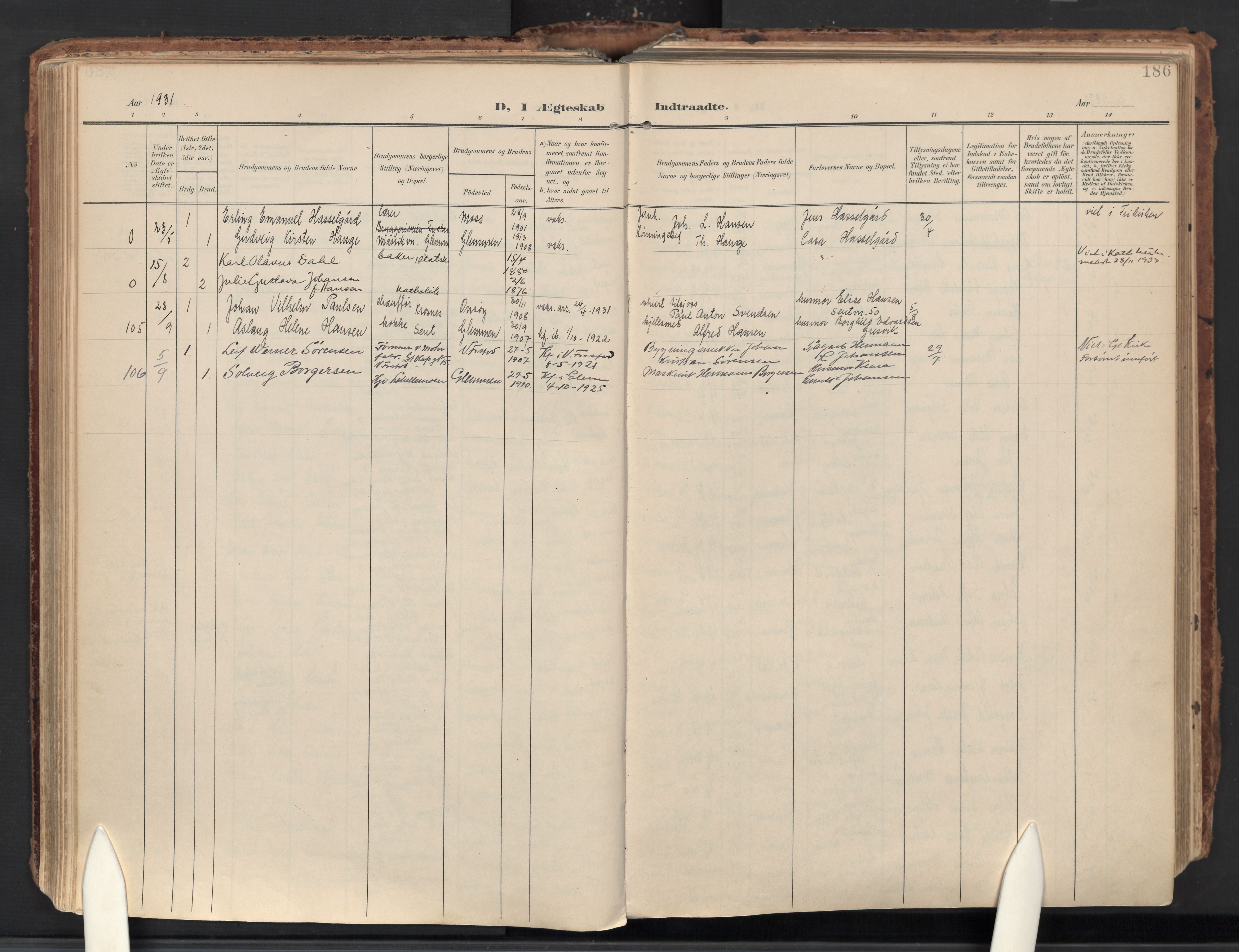 Glemmen prestekontor Kirkebøker, AV/SAO-A-10908/F/Fa/L0016: Ministerialbok nr. 16, 1903-1937, s. 186