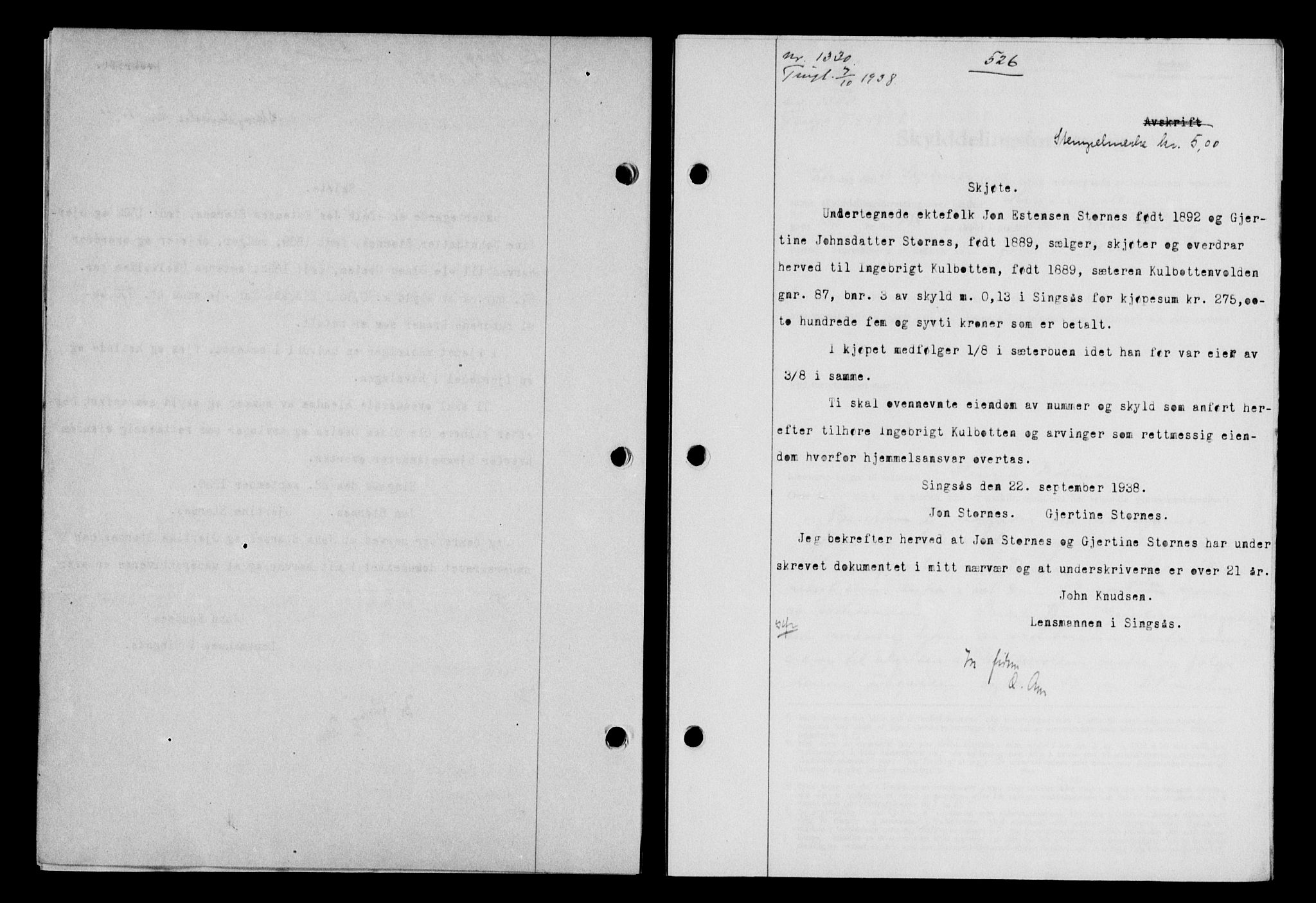 Gauldal sorenskriveri, SAT/A-0014/1/2/2C/L0049: Pantebok nr. 53, 1938-1938, Dagboknr: 1330/1938