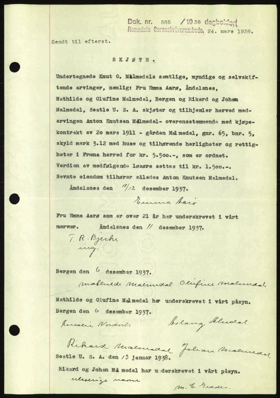 Romsdal sorenskriveri, SAT/A-4149/1/2/2C: Pantebok nr. A4, 1937-1938, Dagboknr: 585/1938