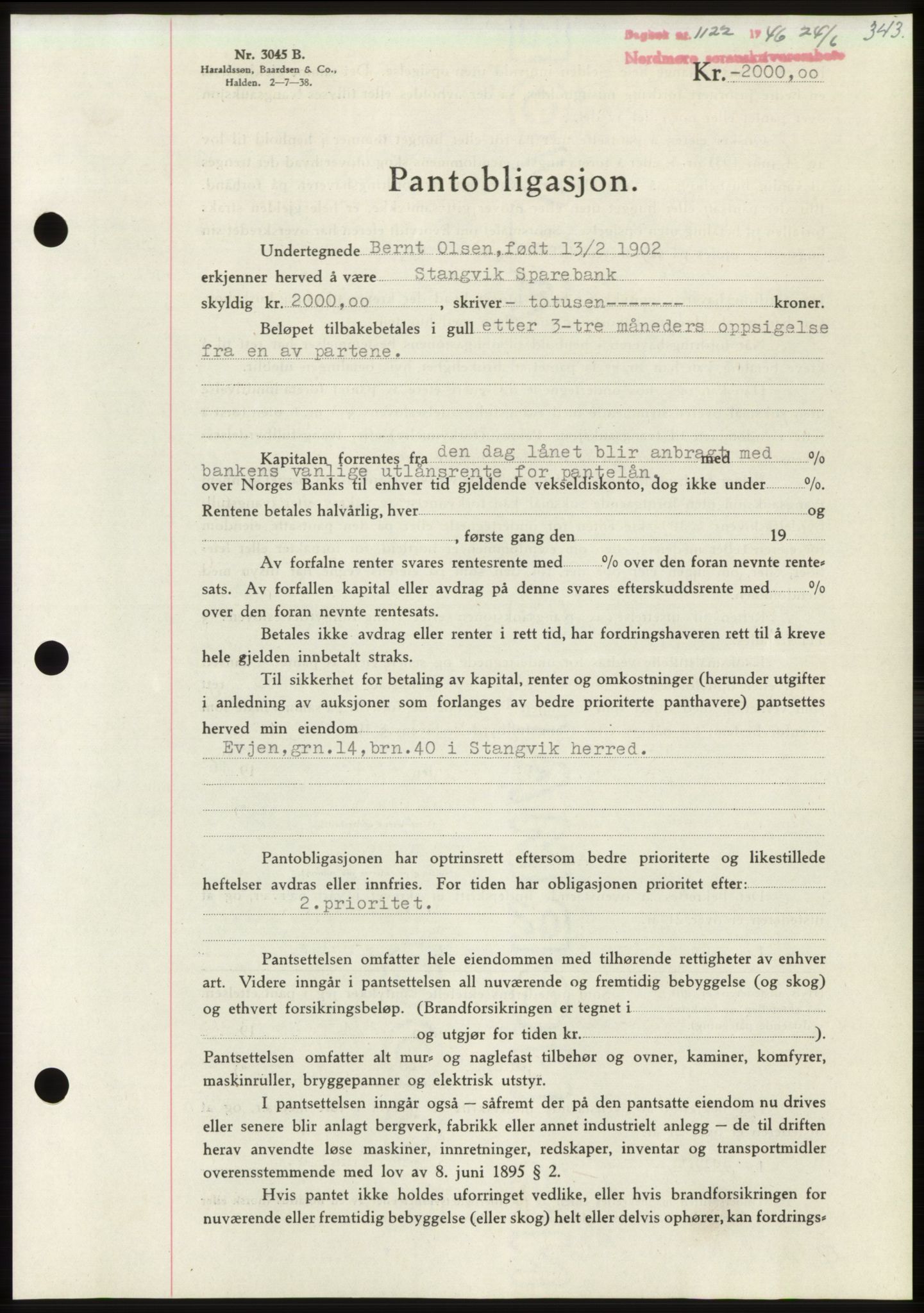 Nordmøre sorenskriveri, SAT/A-4132/1/2/2Ca: Pantebok nr. B94, 1946-1946, Dagboknr: 1122/1946