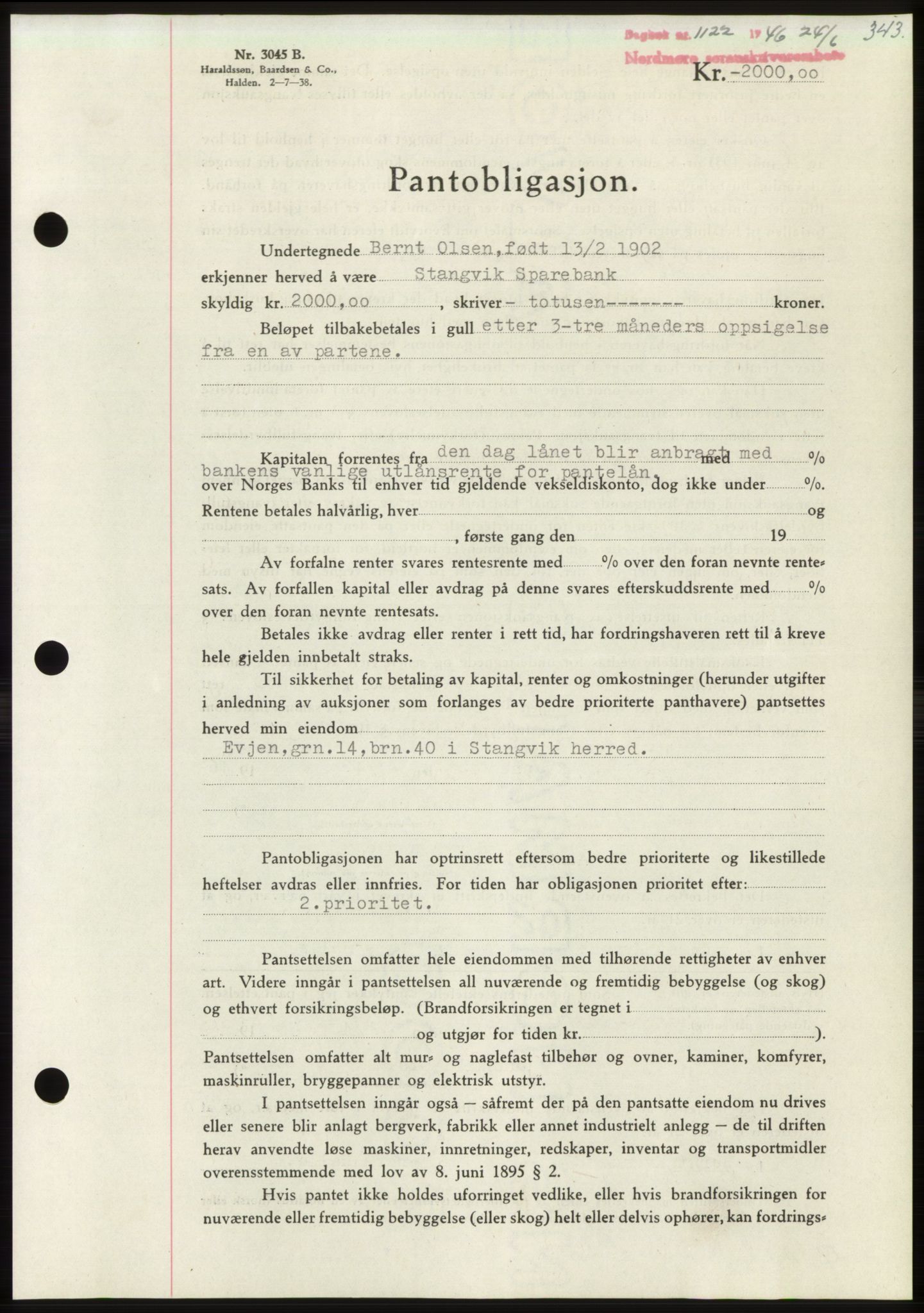 Nordmøre sorenskriveri, AV/SAT-A-4132/1/2/2Ca: Pantebok nr. B94, 1946-1946, Dagboknr: 1122/1946