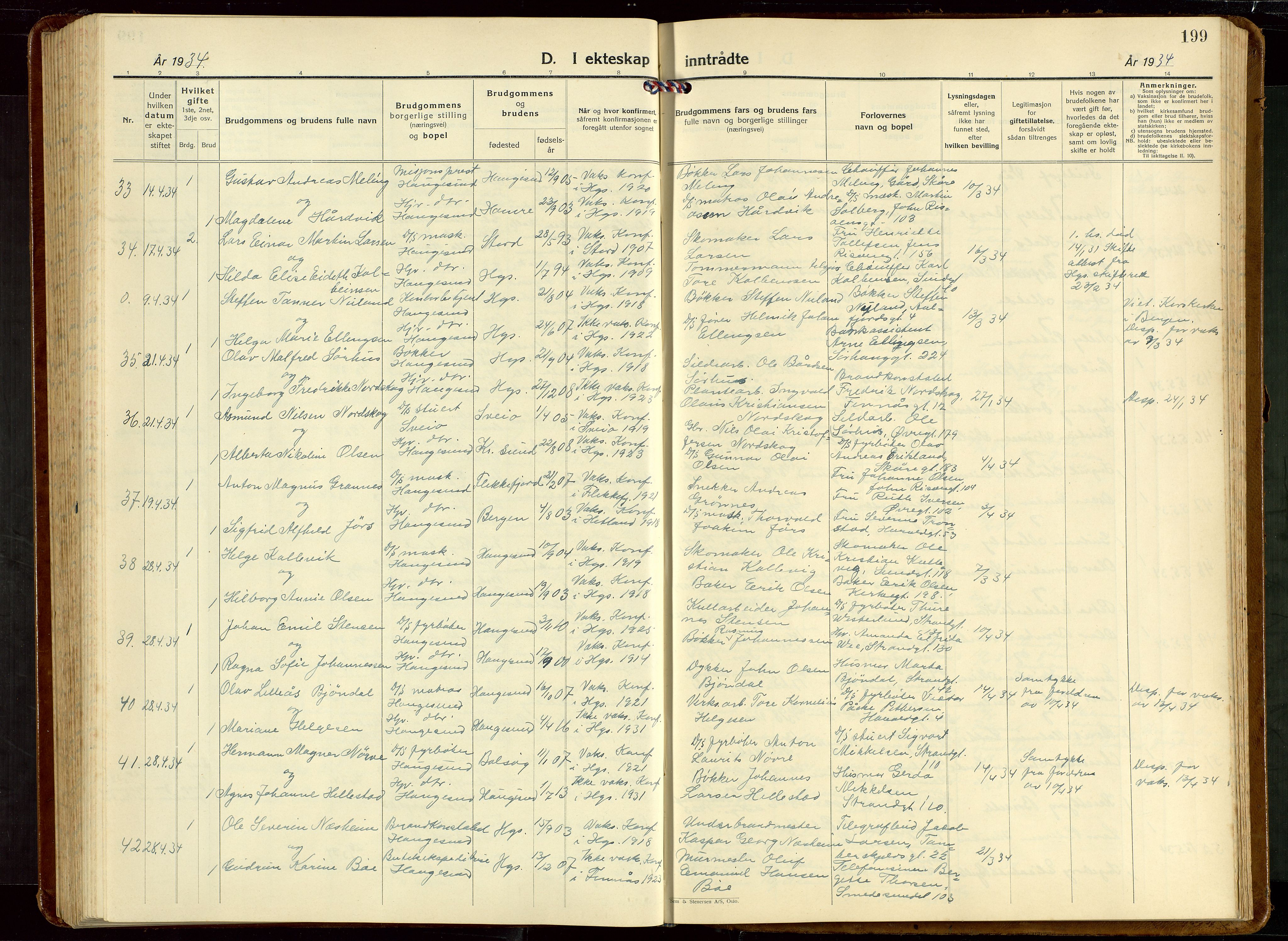 Haugesund sokneprestkontor, SAST/A -101863/H/Ha/Hab/L0013: Klokkerbok nr. B 13, 1931-1943, s. 199