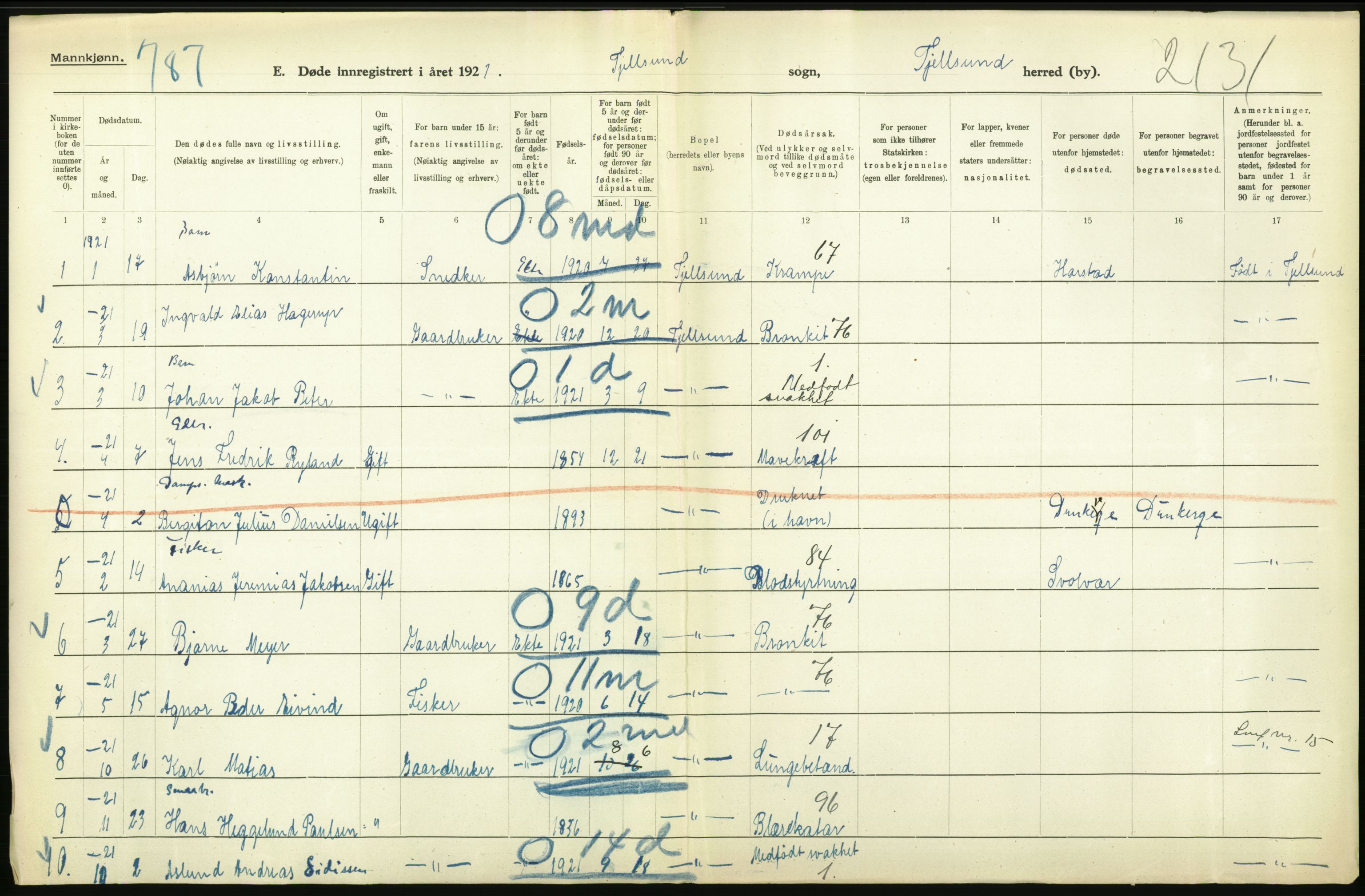 Statistisk sentralbyrå, Sosiodemografiske emner, Befolkning, AV/RA-S-2228/D/Df/Dfc/Dfca/L0051: Nordland fylke: Døde. Bygder og byer., 1921
