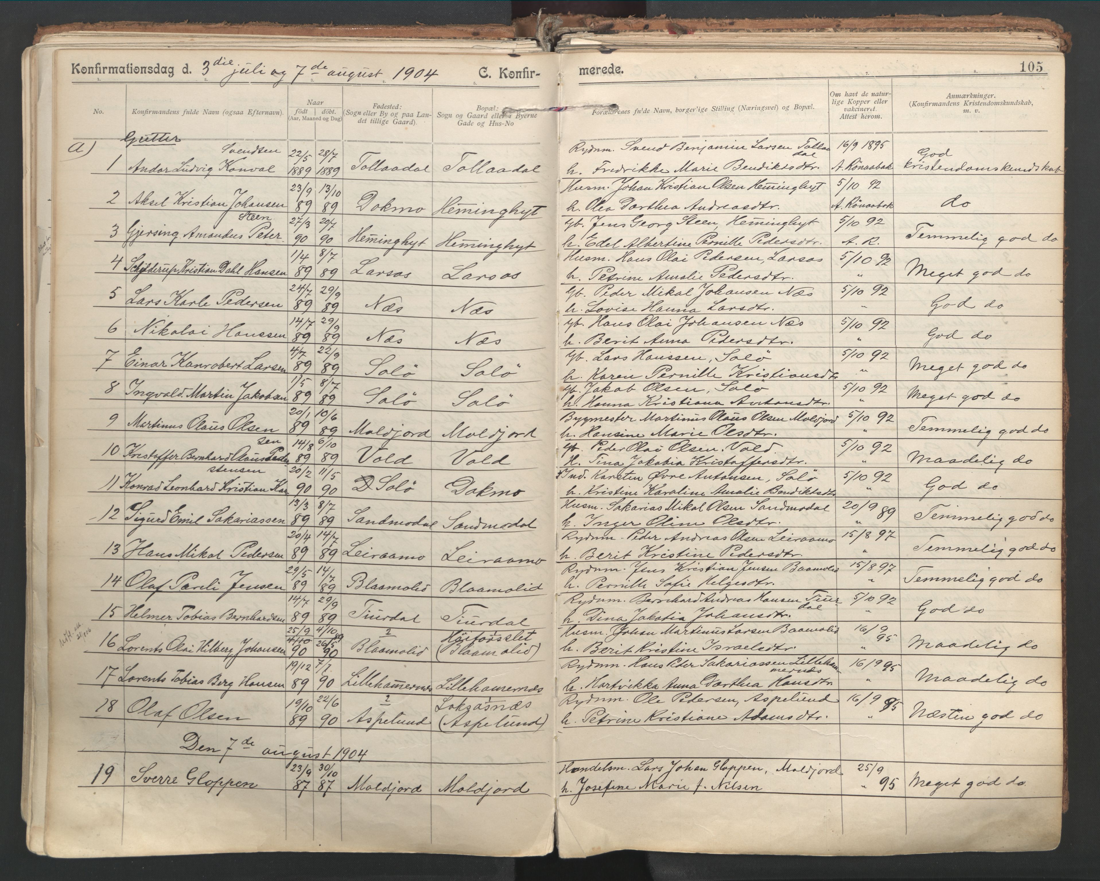 Ministerialprotokoller, klokkerbøker og fødselsregistre - Nordland, AV/SAT-A-1459/846/L0647: Ministerialbok nr. 846A05, 1902-1915, s. 105