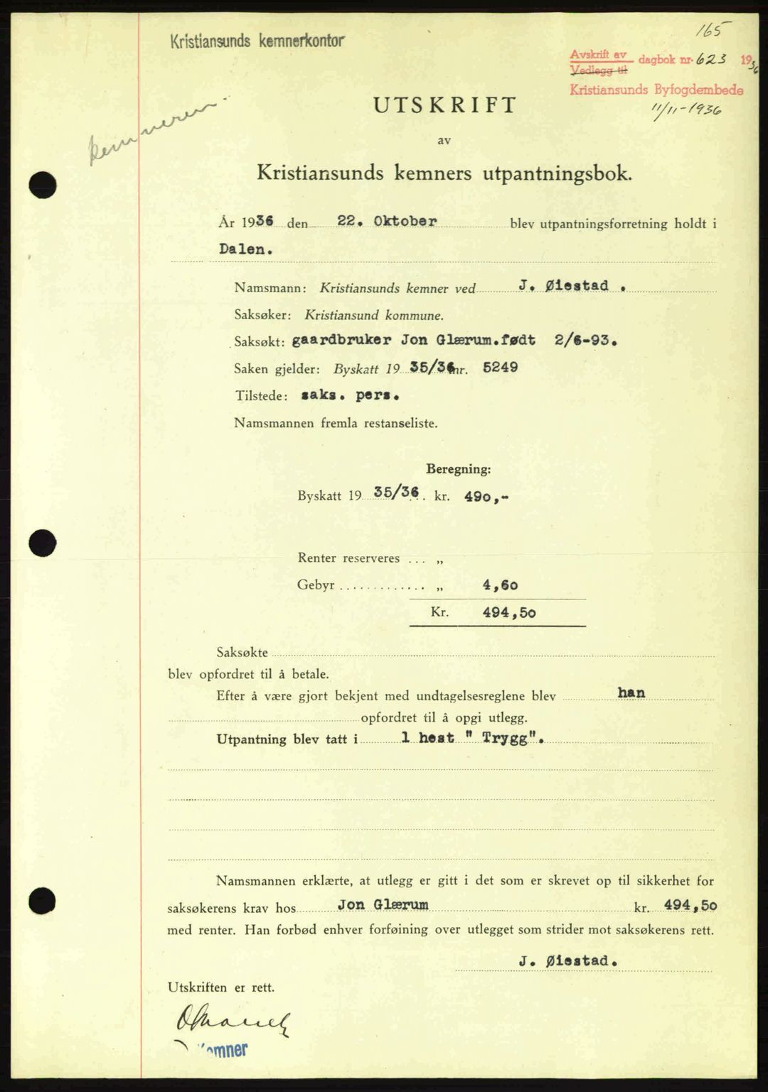 Kristiansund byfogd, SAT/A-4587/A/27: Pantebok nr. 29, 1936-1937, Dagboknr: 623/1936