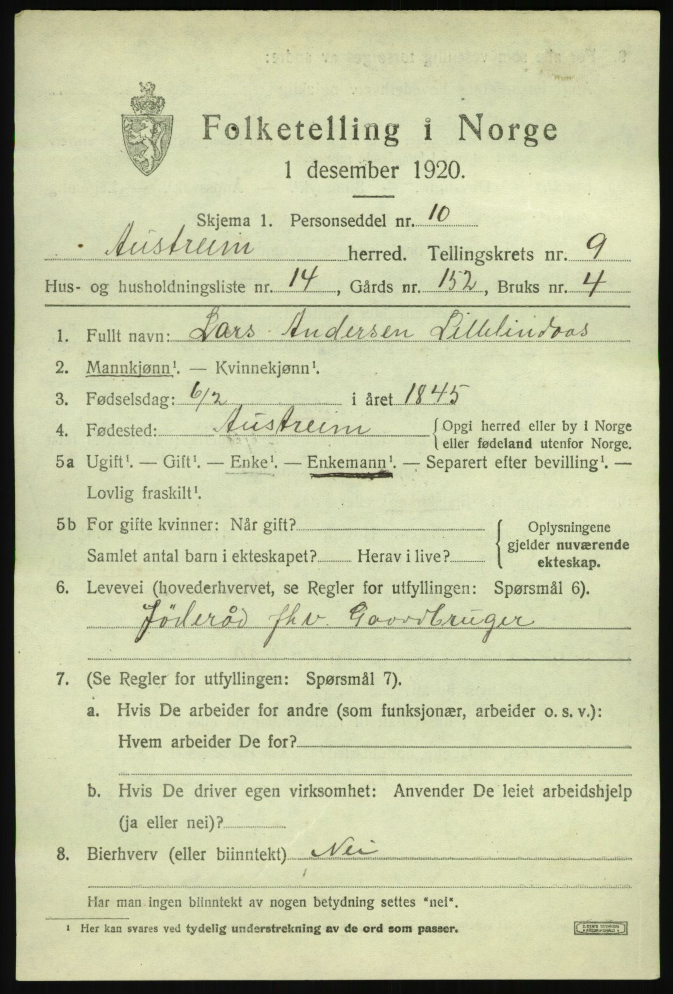 SAB, Folketelling 1920 for 1264 Austrheim herred, 1920, s. 3384