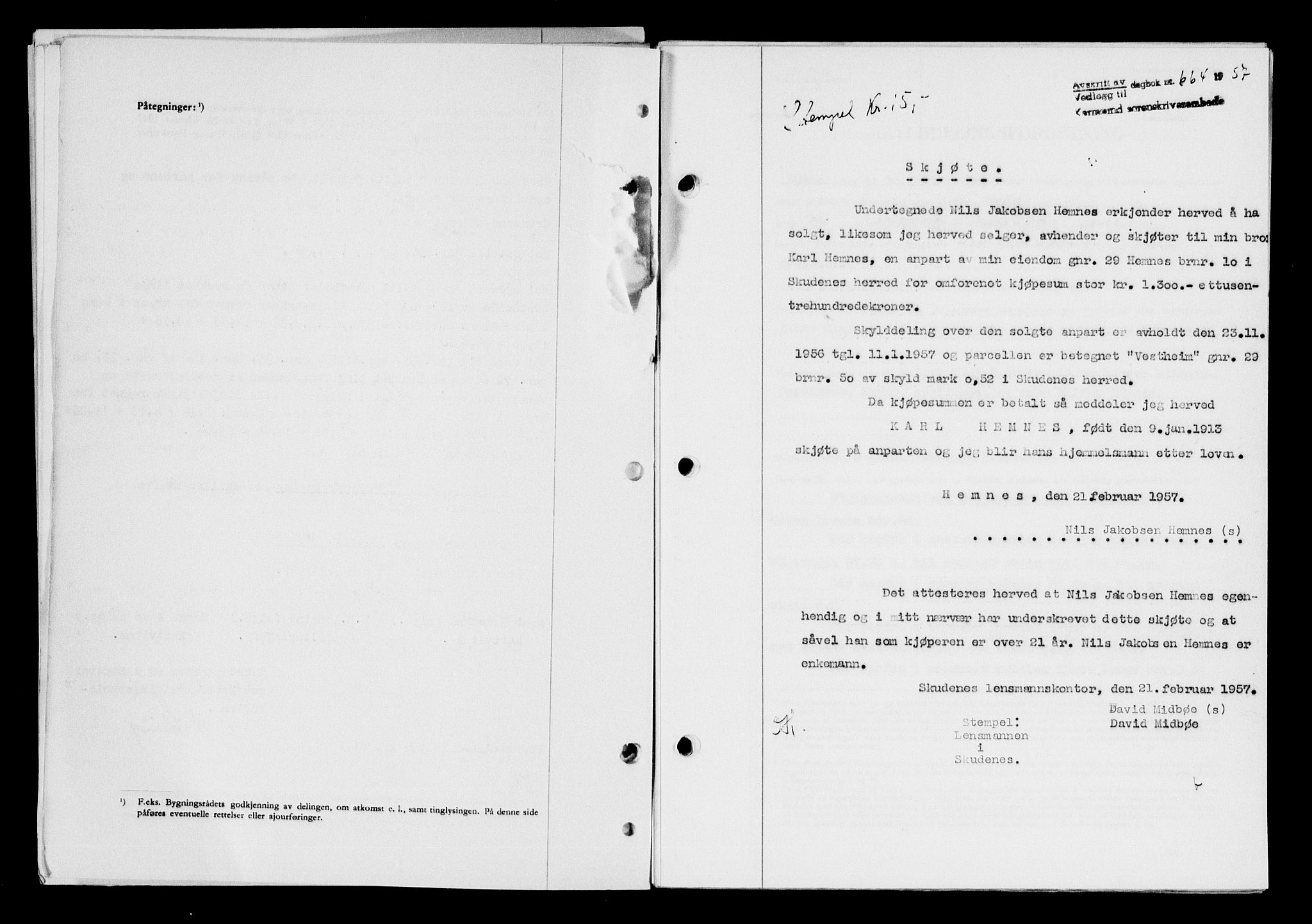 Karmsund sorenskriveri, SAST/A-100311/01/II/IIB/L0124: Pantebok nr. 104A, 1957-1957, Dagboknr: 664/1957