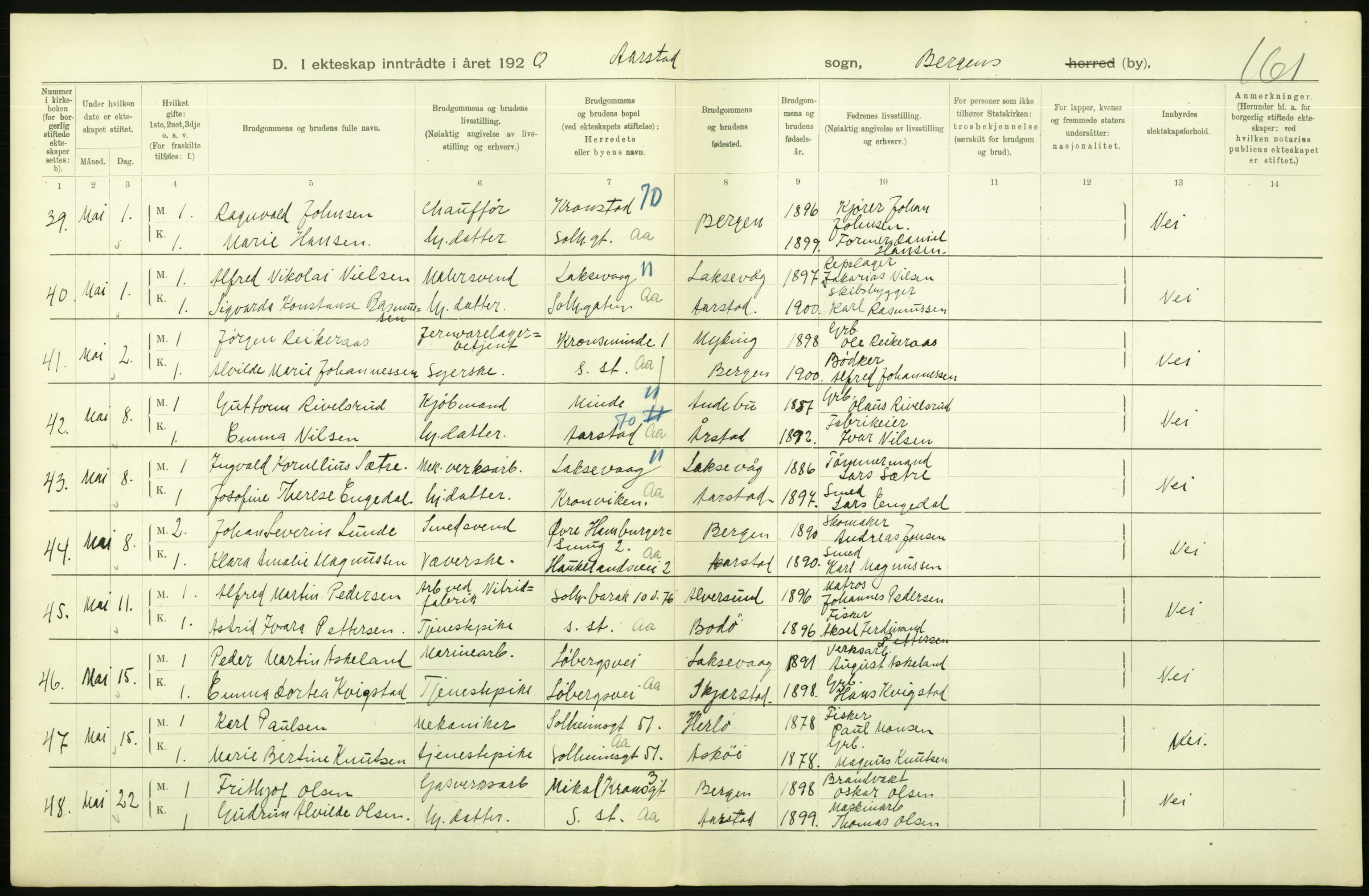 Statistisk sentralbyrå, Sosiodemografiske emner, Befolkning, AV/RA-S-2228/D/Df/Dfb/Dfbj/L0042: Bergen: Gifte, døde, dødfødte., 1920, s. 44