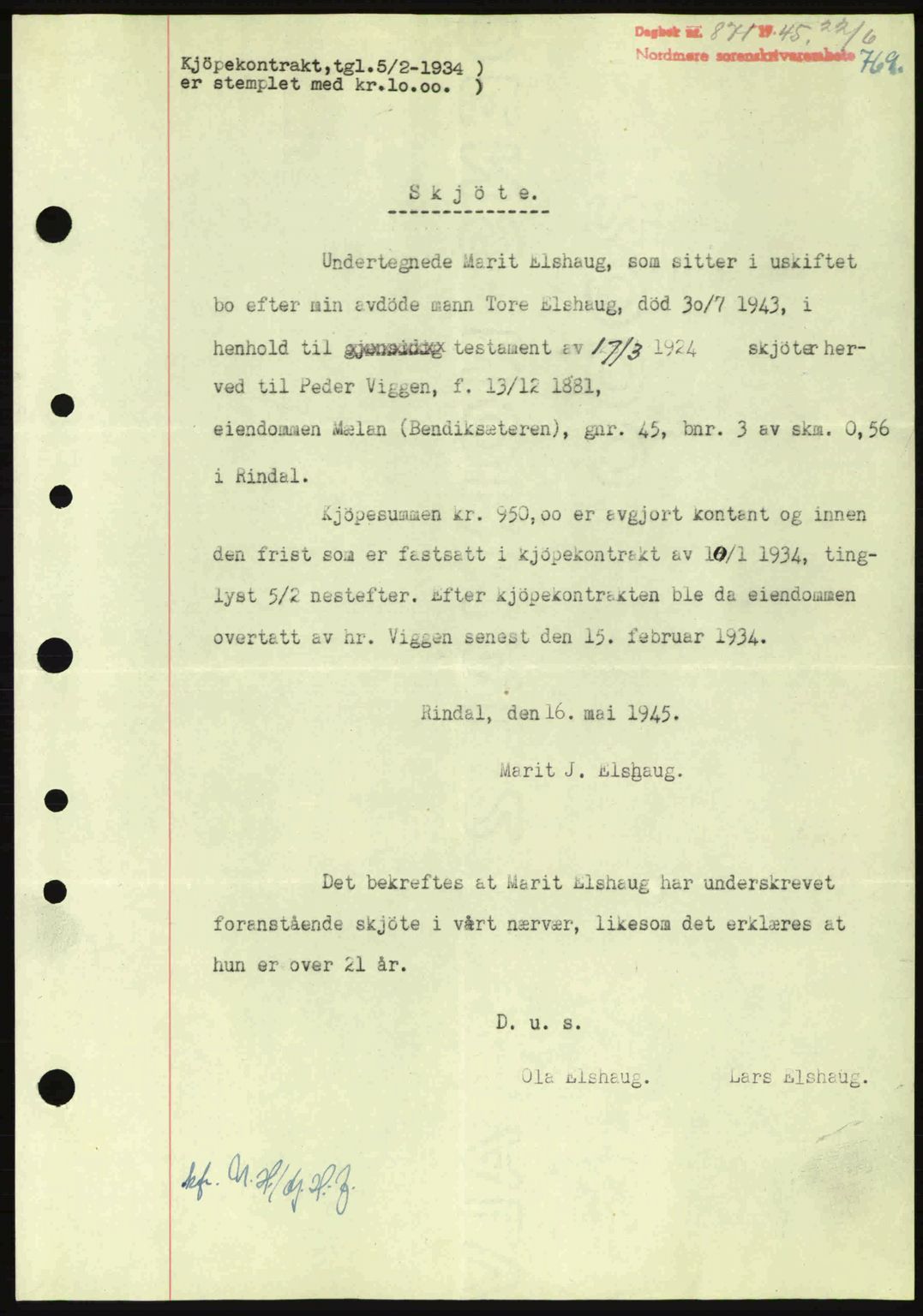 Nordmøre sorenskriveri, SAT/A-4132/1/2/2Ca: Pantebok nr. A99, 1945-1945, Dagboknr: 871/1945