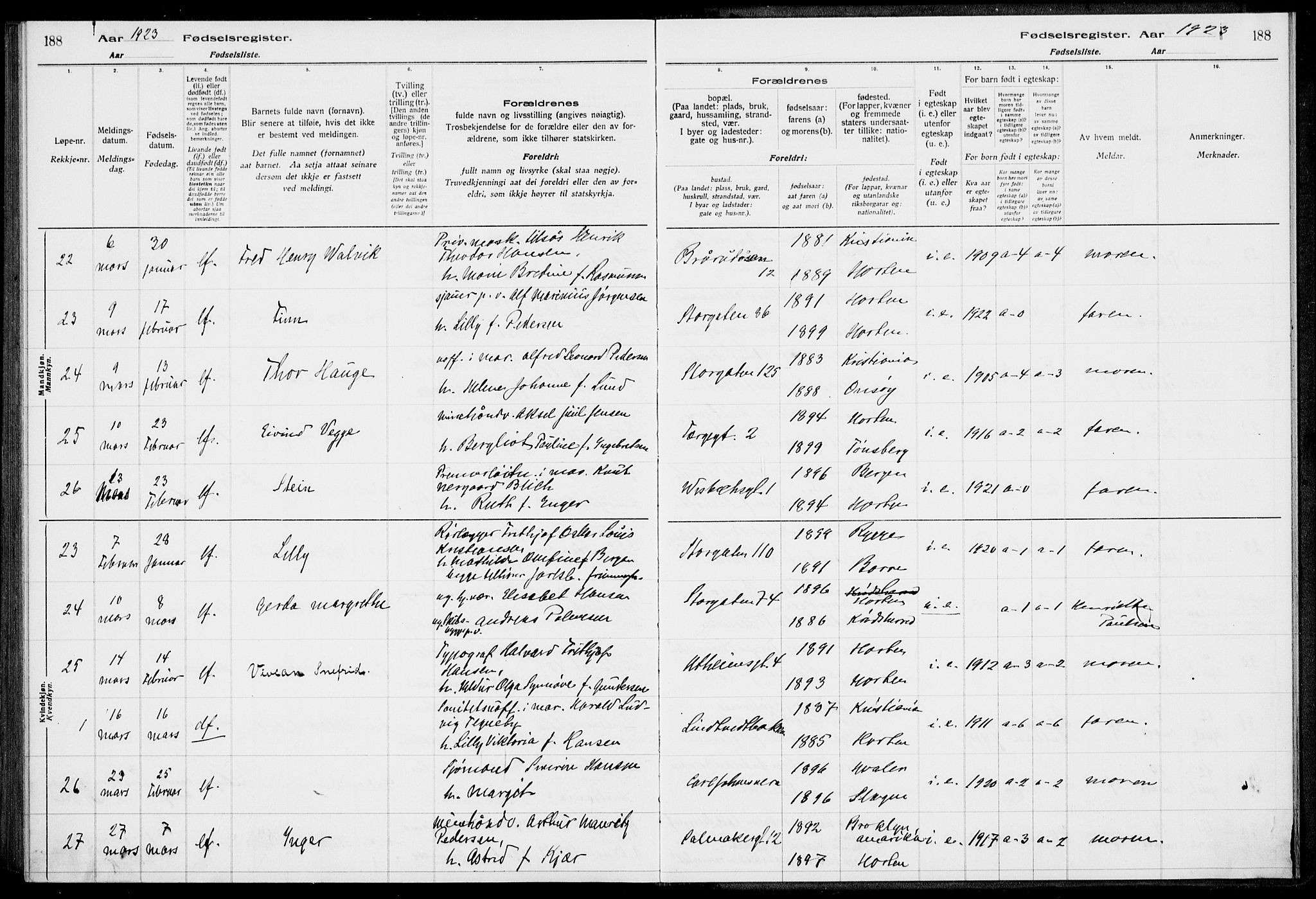 Horten kirkebøker, AV/SAKO-A-348/J/Ja/L0001: Fødselsregister nr. 1, 1916-1923, s. 188