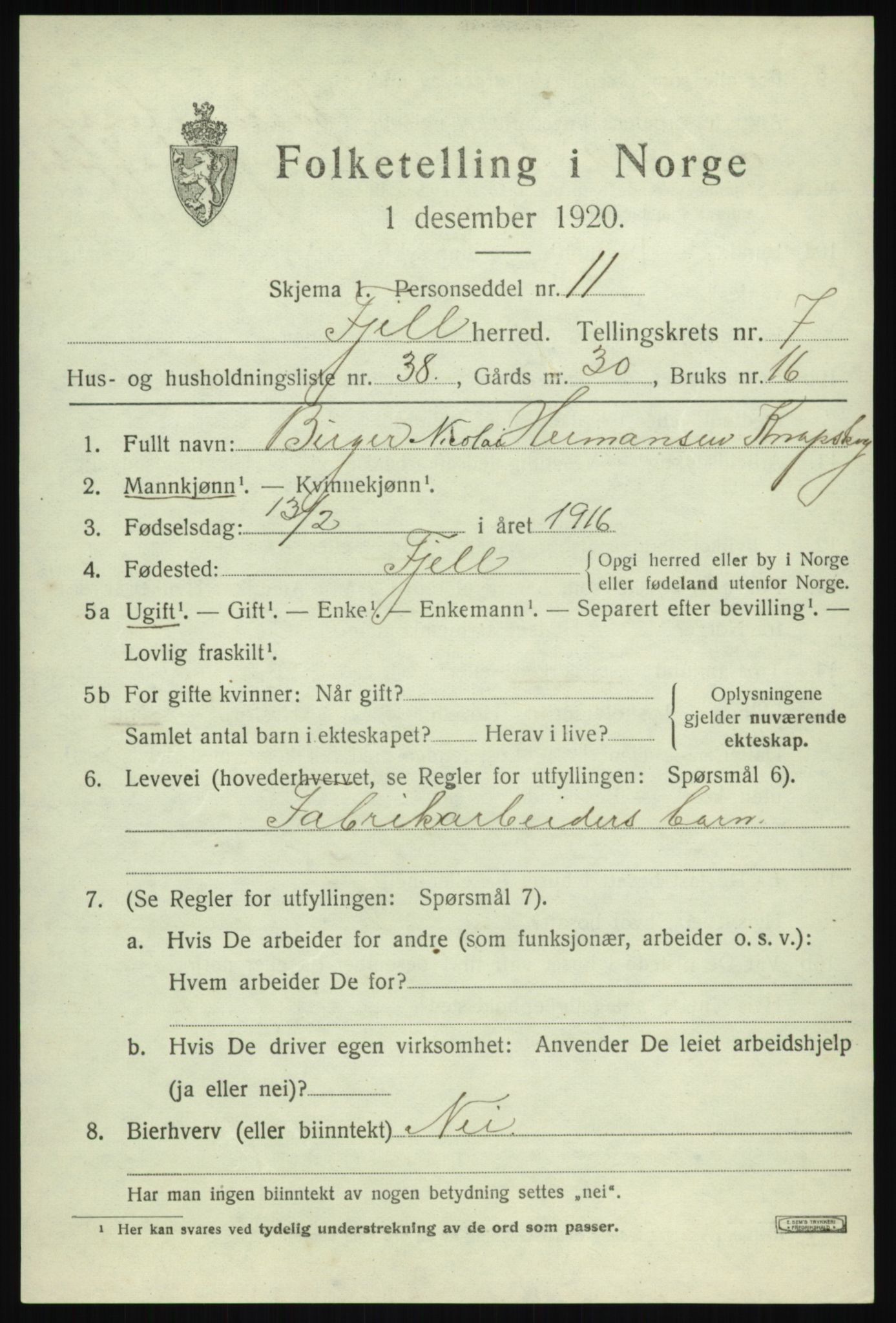 SAB, Folketelling 1920 for 1246 Fjell herred, 1920, s. 6936