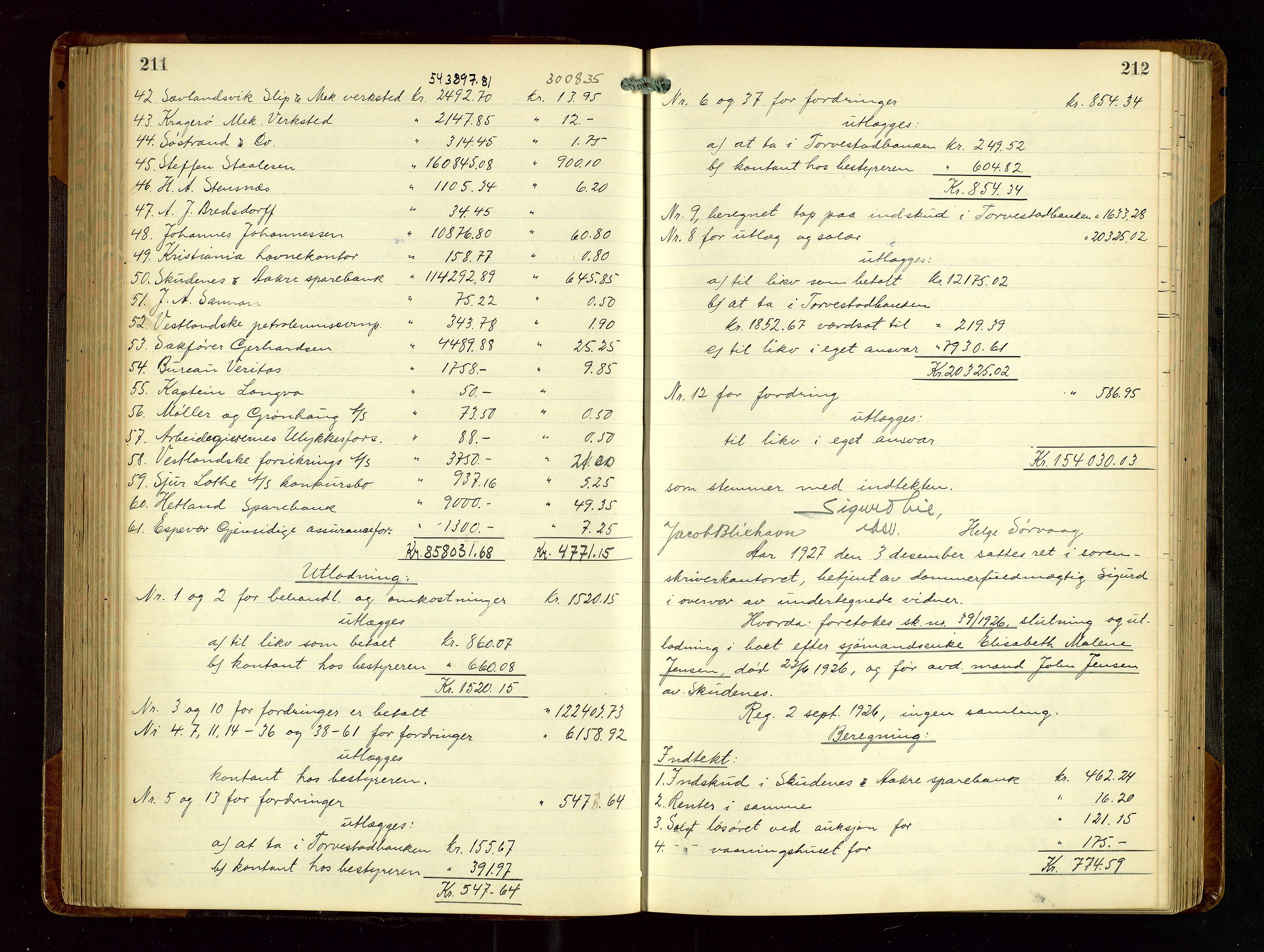 Karmsund sorenskriveri, AV/SAST-A-100311/01/IV/IVGB/L0004: SKIFTEUTLODNINGSPROTOKOLL, 1925-1931, s. 211-212