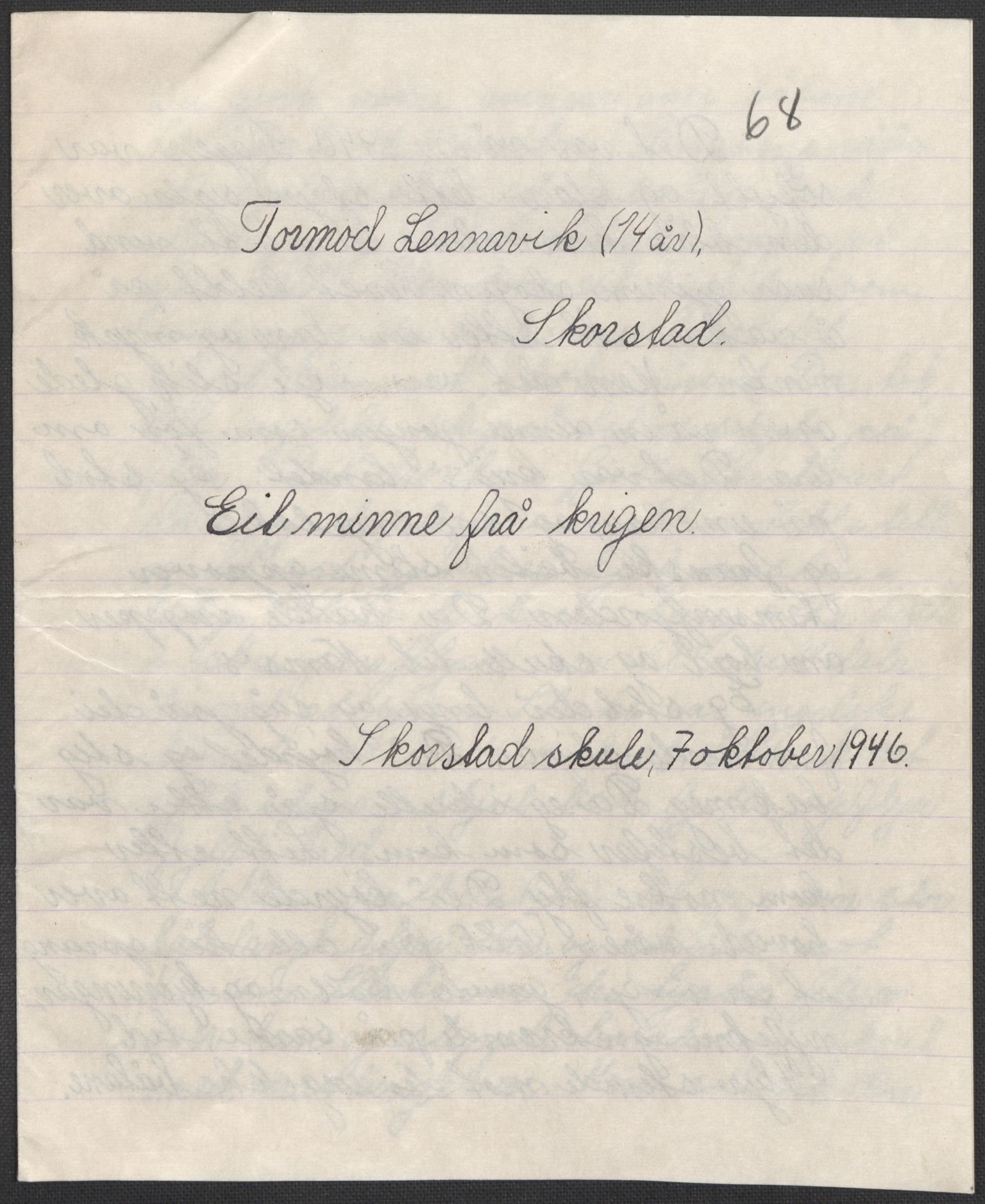 Det norske totalavholdsselskap, RA/PA-0419/E/Eb/L0603: Skolestiler om krigstida (ordnet topografisk etter distrikt og skole), 1946, s. 417