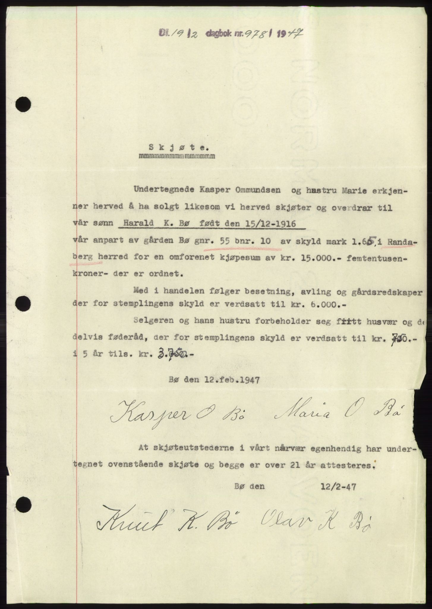 Jæren sorenskriveri, SAST/A-100310/03/G/Gba/L0093: Pantebok, 1947-1947, Dagboknr: 978/1947