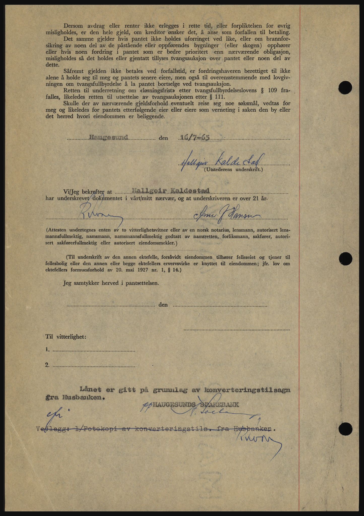 Haugesund tingrett, SAST/A-101415/01/II/IIC/L0053: Pantebok nr. B 53, 1965-1965, Dagboknr: 1807/1965