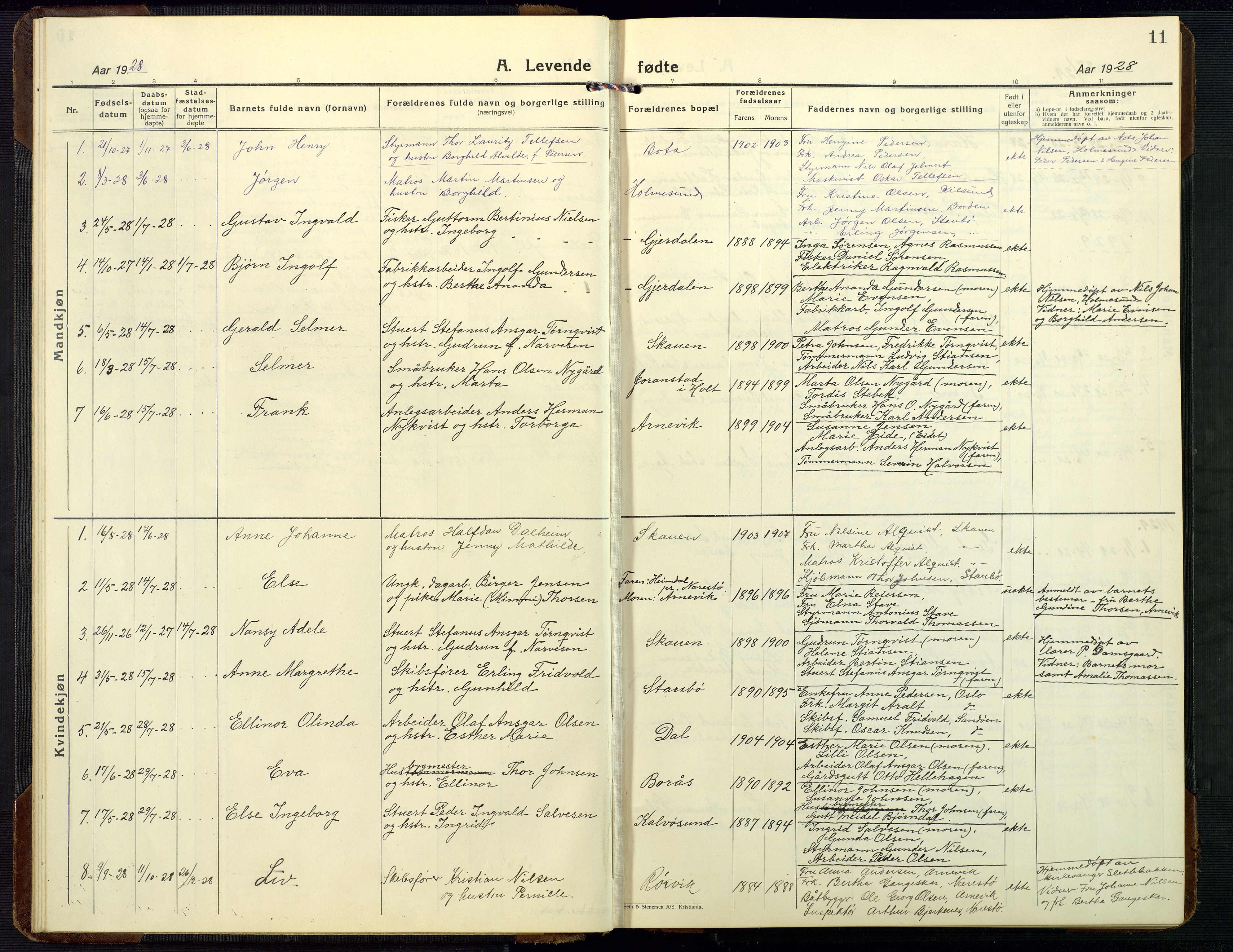 Dypvåg sokneprestkontor, AV/SAK-1111-0007/F/Fb/Fbb/L0006: Klokkerbok nr. B 6, 1925-1954, s. 11