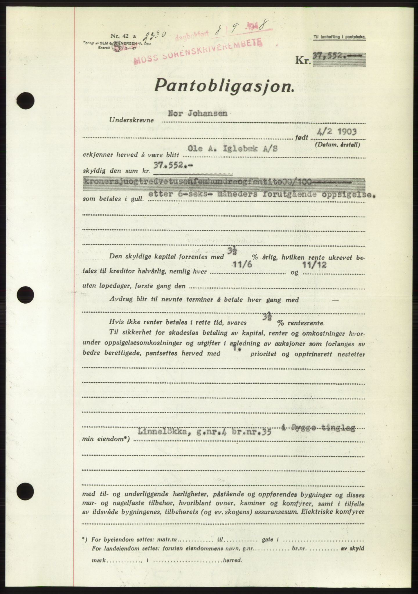 Moss sorenskriveri, AV/SAO-A-10168: Pantebok nr. B20, 1948-1948, Dagboknr: 2336/1948