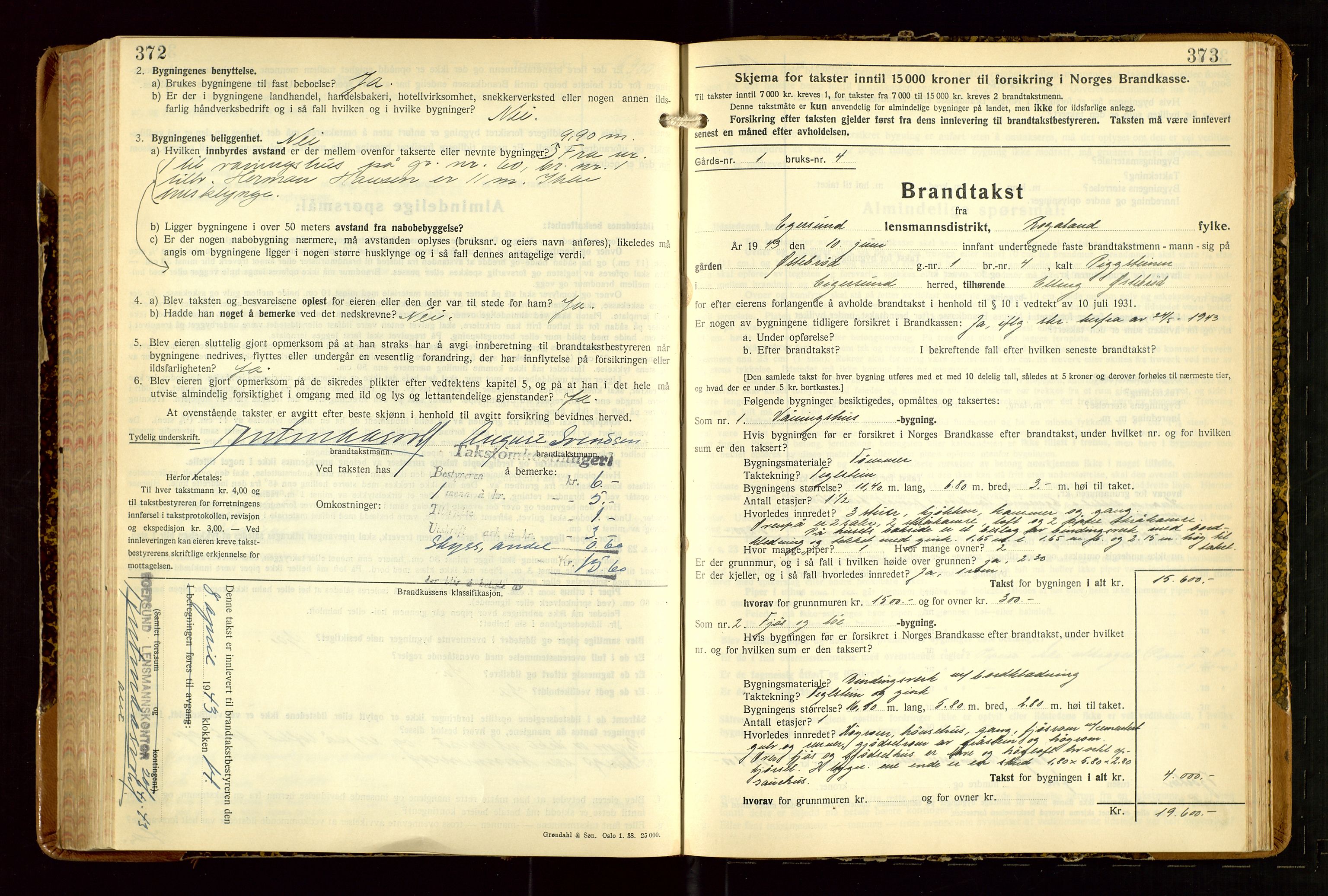 Eigersund lensmannskontor, AV/SAST-A-100171/Gob/L0007: "Brandtakstprotokoll", 1938-1955, s. 372-373