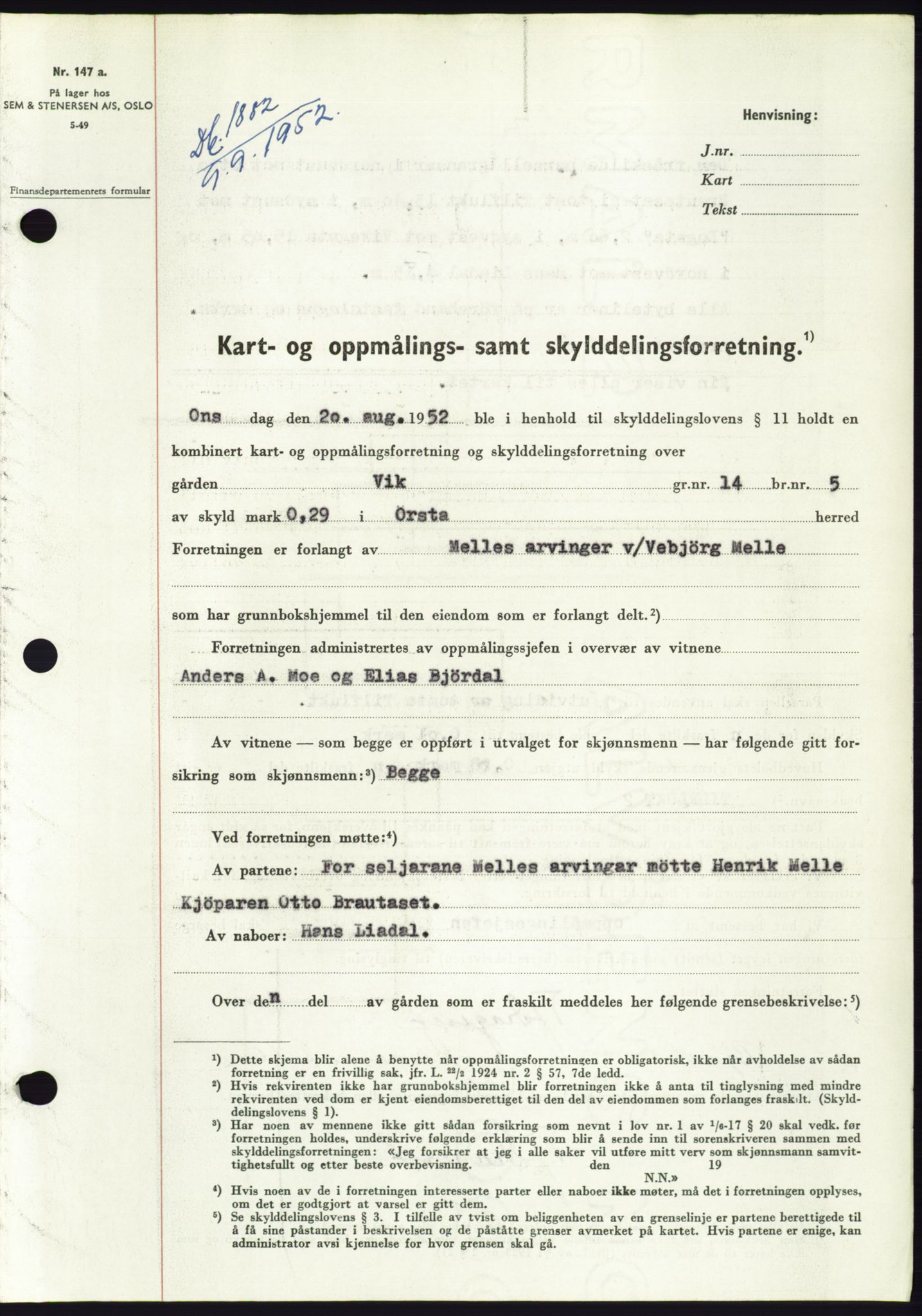 Søre Sunnmøre sorenskriveri, SAT/A-4122/1/2/2C/L0093: Pantebok nr. 19A, 1952-1953, Dagboknr: 1882/1952