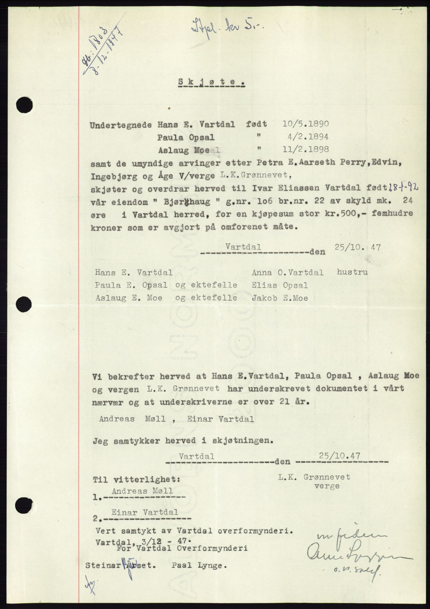 Søre Sunnmøre sorenskriveri, SAT/A-4122/1/2/2C/L0081: Pantebok nr. 7A, 1947-1948, Dagboknr: 1803/1947