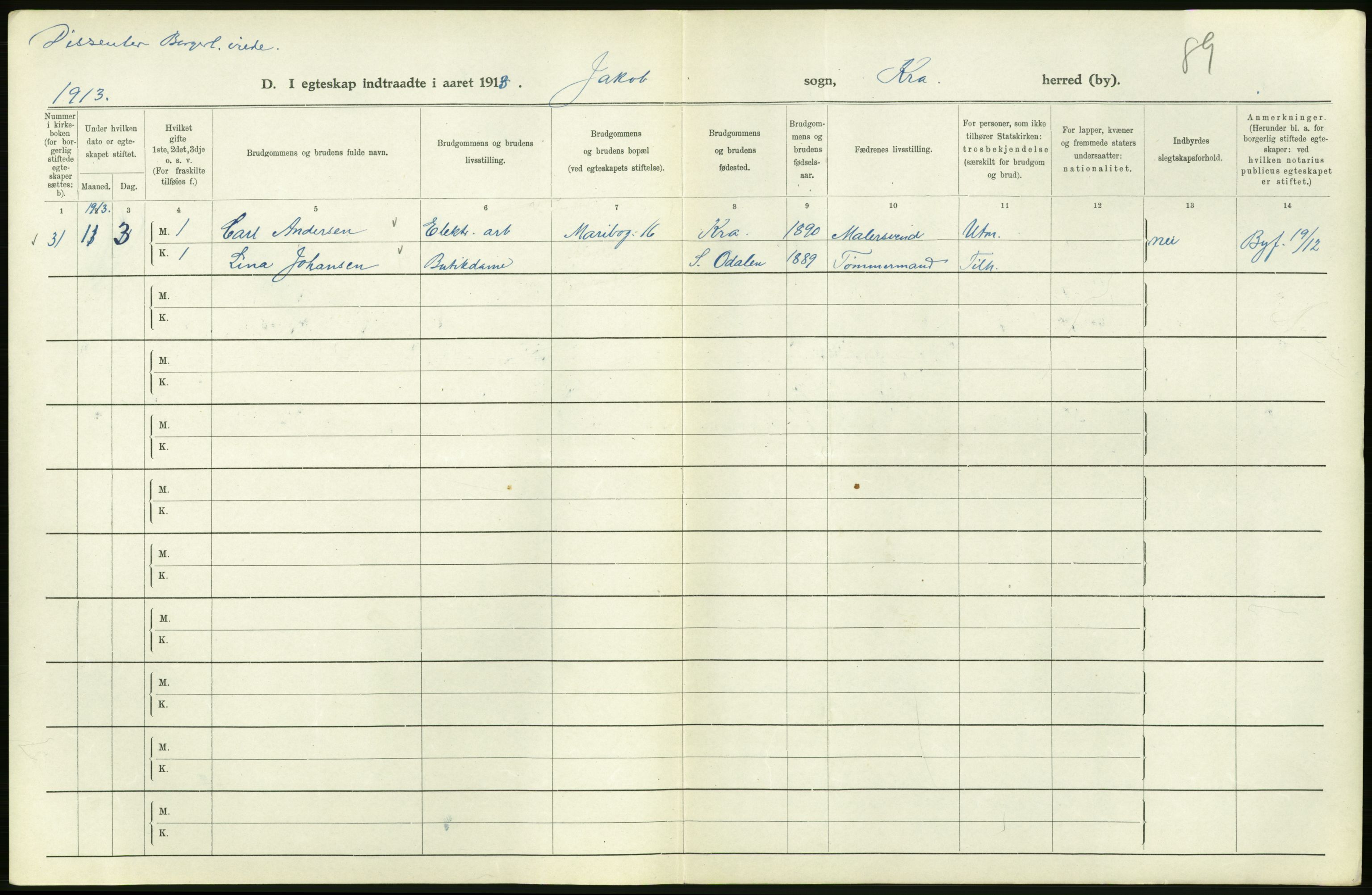 Statistisk sentralbyrå, Sosiodemografiske emner, Befolkning, AV/RA-S-2228/D/Df/Dfb/Dfbc/L0008: Kristiania: Gifte., 1913, s. 272