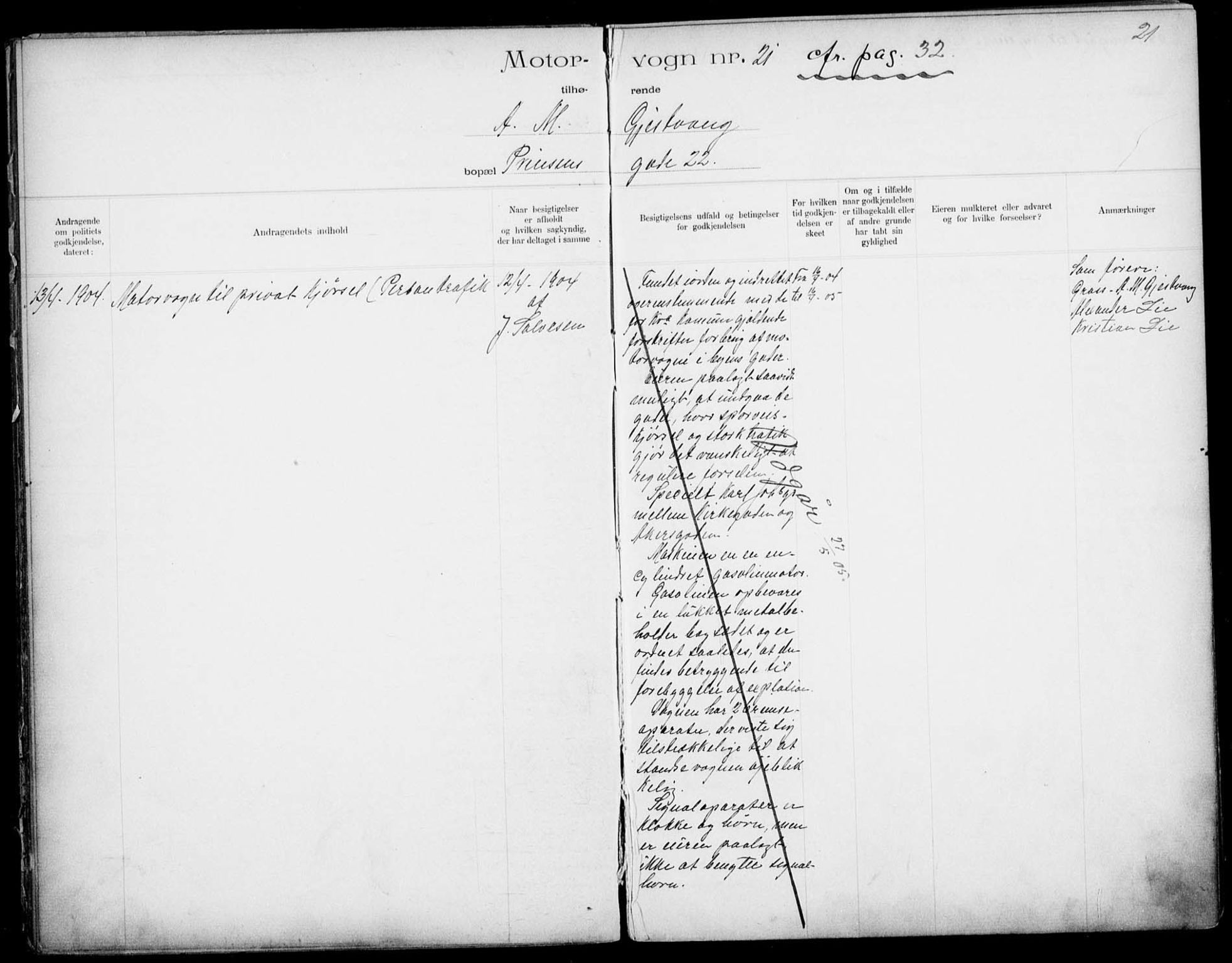 Vegdirektoratet, Bilavdelingen M, AV/RA-S-1663/F/Fa/L0001: Bilregisterprotokoll. Reg.nr. 1-199 og 300-310, 1899-1914, s. 21