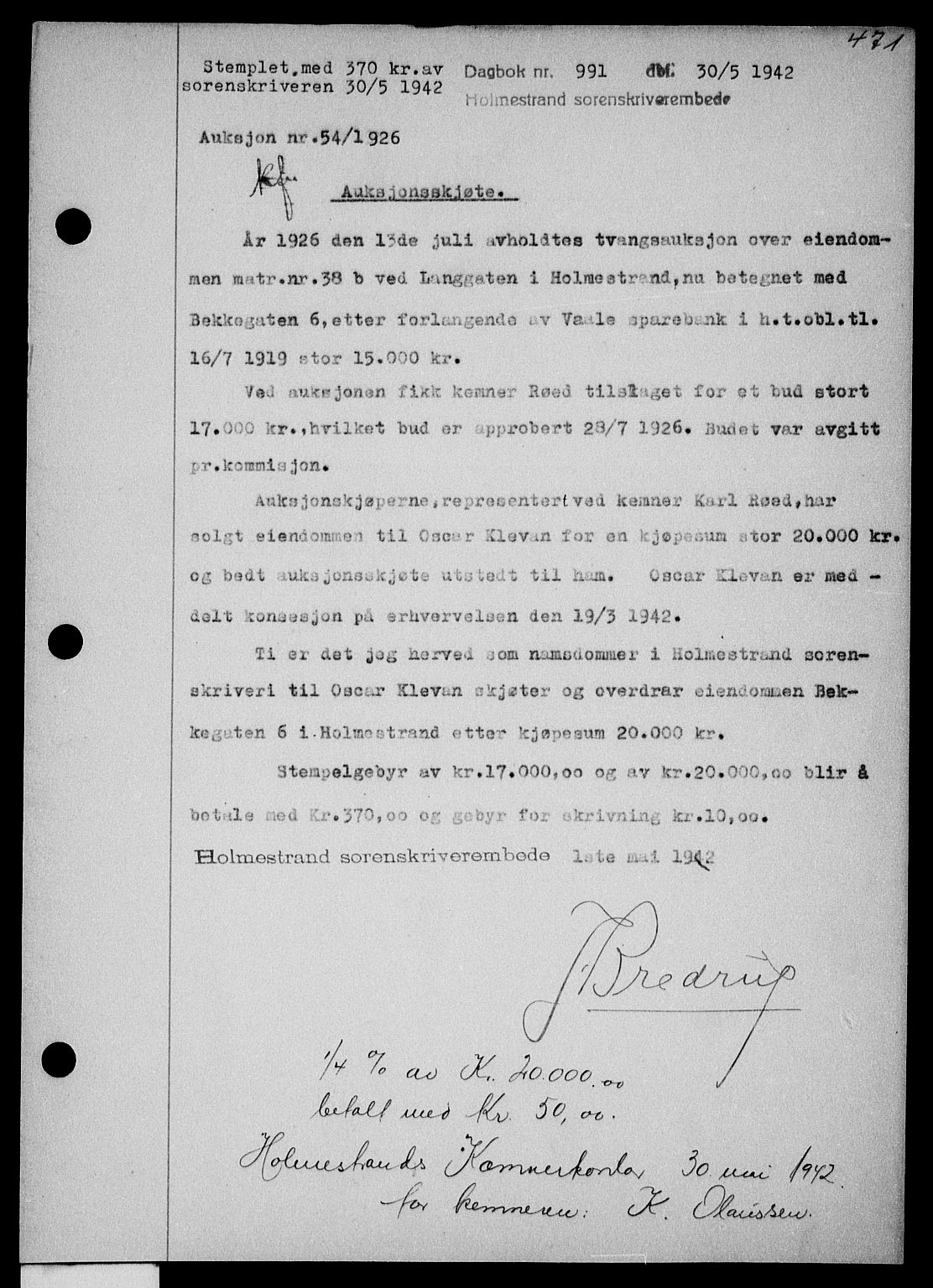 Holmestrand sorenskriveri, SAKO/A-67/G/Ga/Gaa/L0055: Pantebok nr. A-55, 1942-1942, Dagboknr: 991/1942